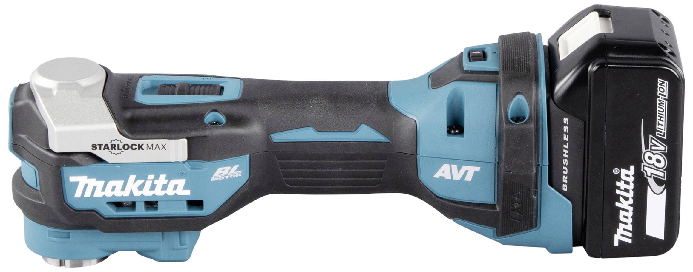 Kabelloses Multifunktionswerkzeug von Makita in Schwarz-Blau mit einem Starlock Max-System und 18V Lithium-Ionen-Akku.