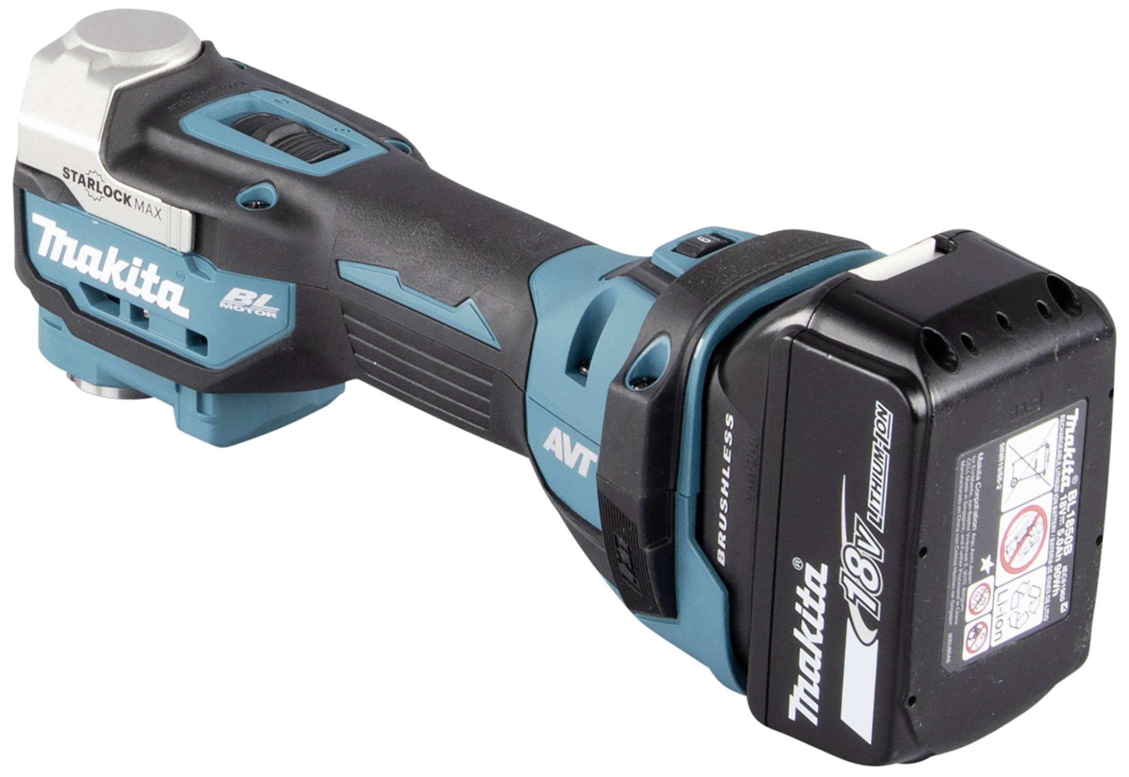 Kabelloses blau-schwarzes Elektrowerkzeug von Makita, 18V-Akku hinten, seitlicher Schalter, kompakte Bauweise.
