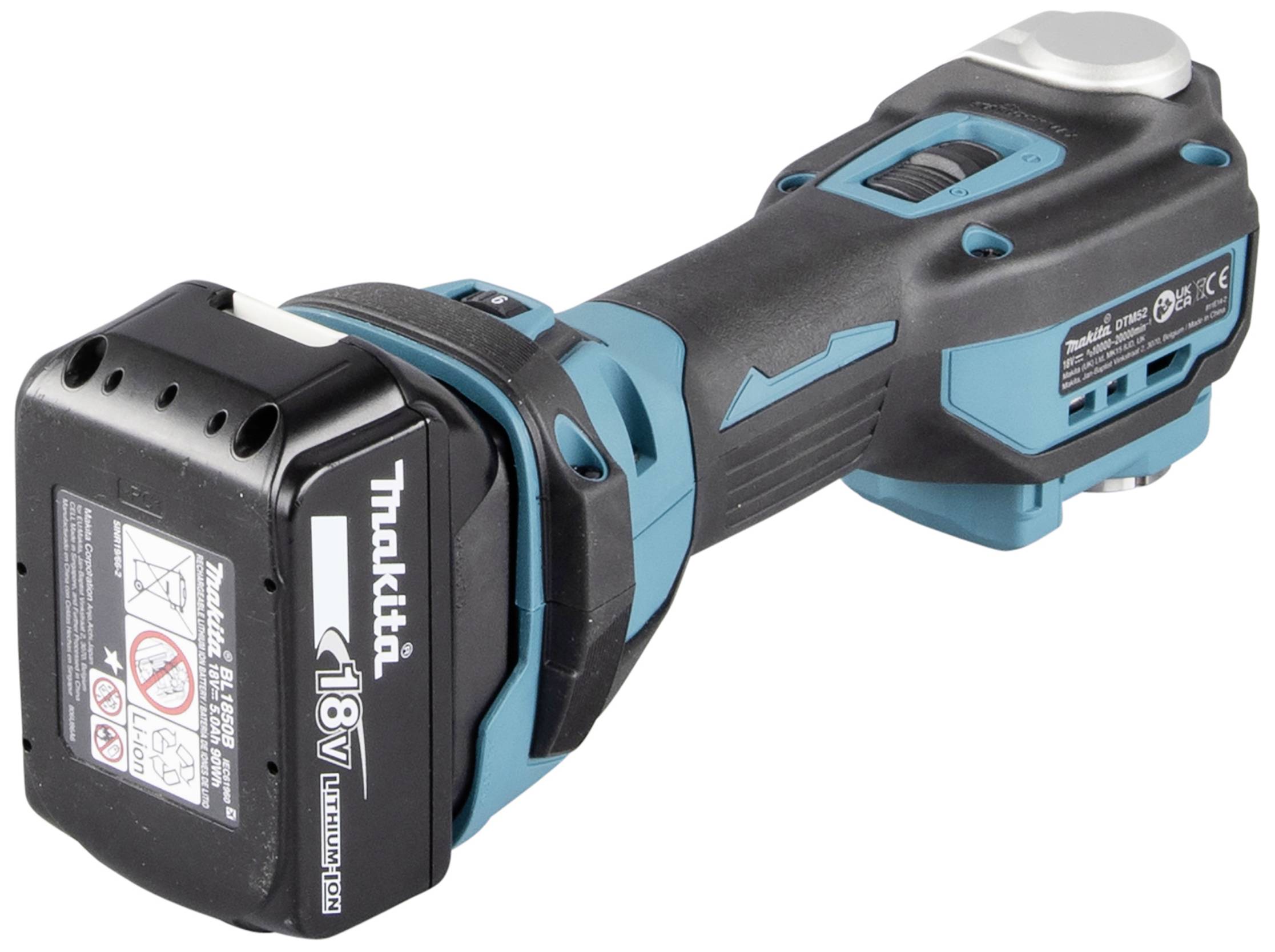 Ein blauer und schwarzer kabelloser Winkelschleifer mit einer 18V Lithium-Ionen-Batterie und mehreren Tasten zur Bedienung.