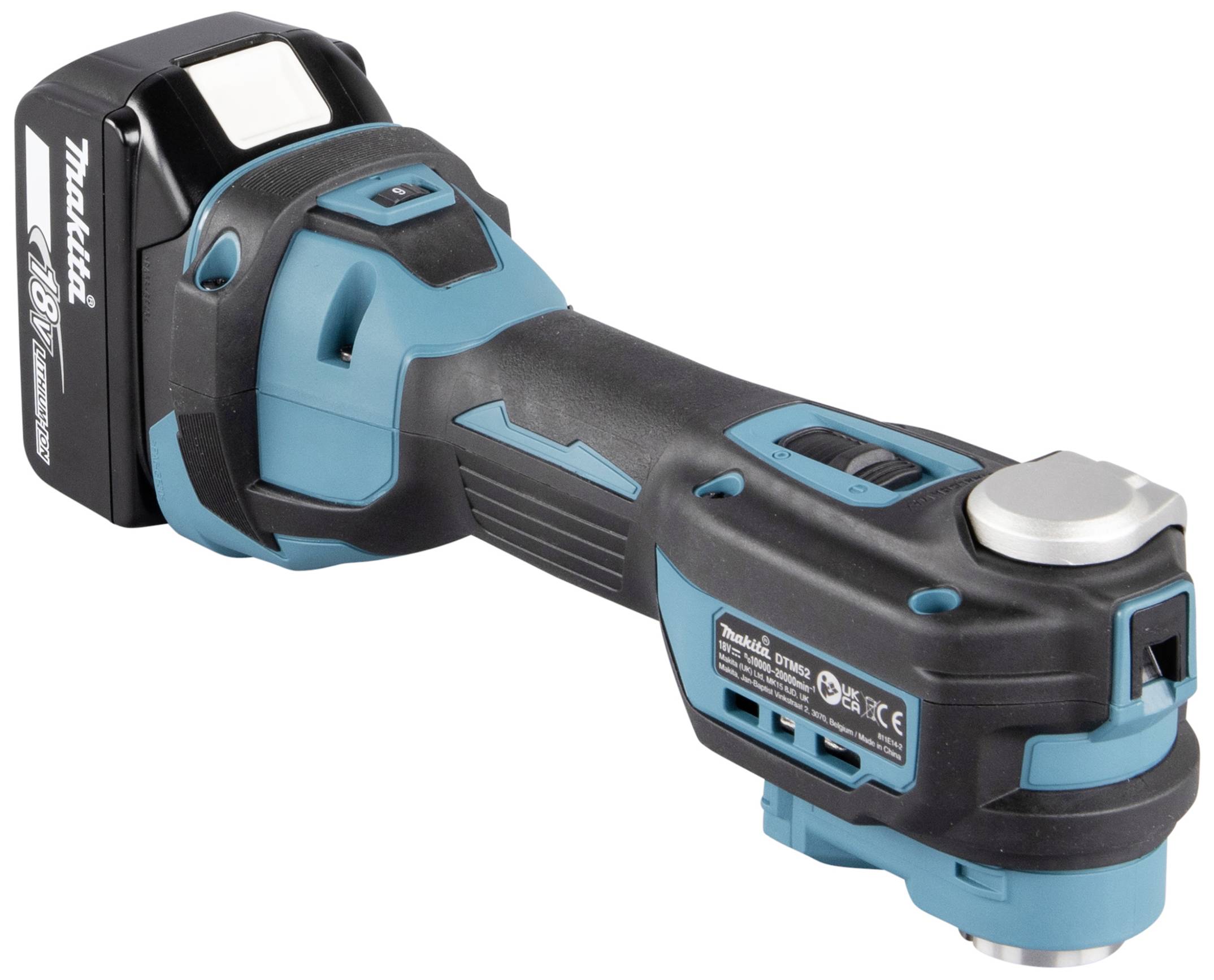 Akkubetriebener Winkelschleifer in Schwarz und Türkis mit 18V Lithium-Ionen-Akku, geeignet zum Schleifen und Schneiden von Materialien.