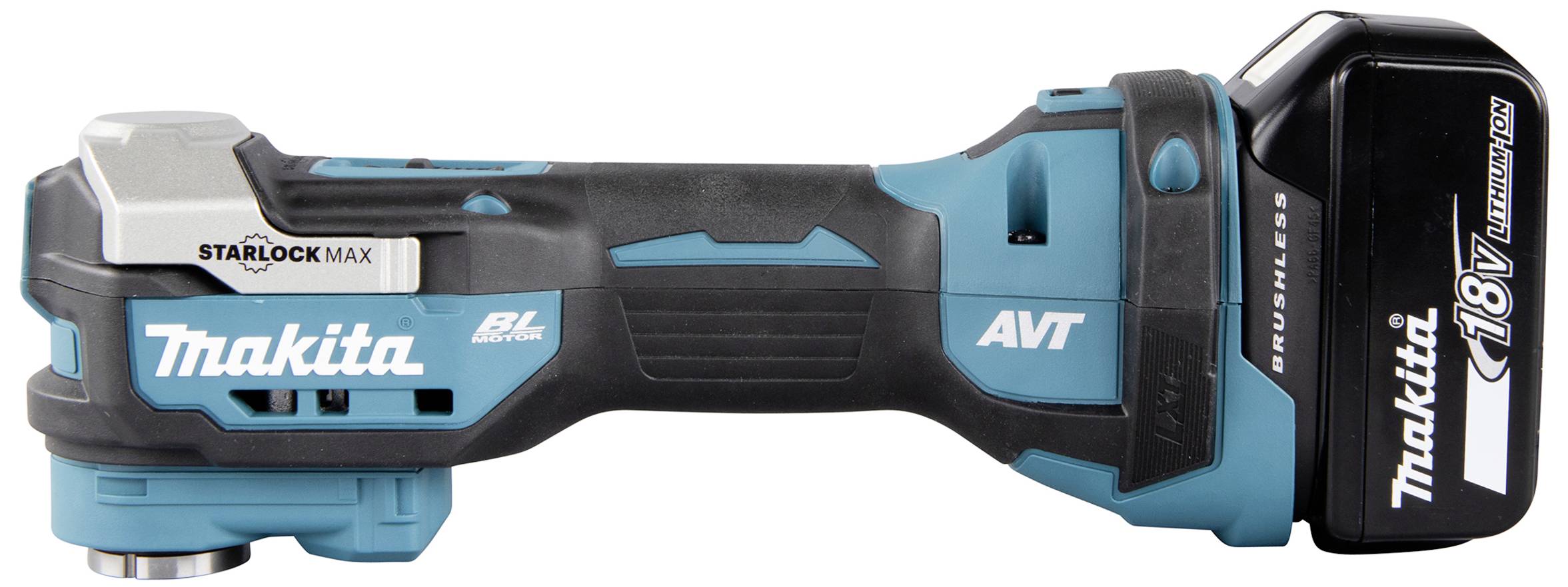 Eine blaue, kabellose Makita Akkumaschine mit 18V Lithium-Ionen-Akku. 'Starlock Max' Befestigungssystem.