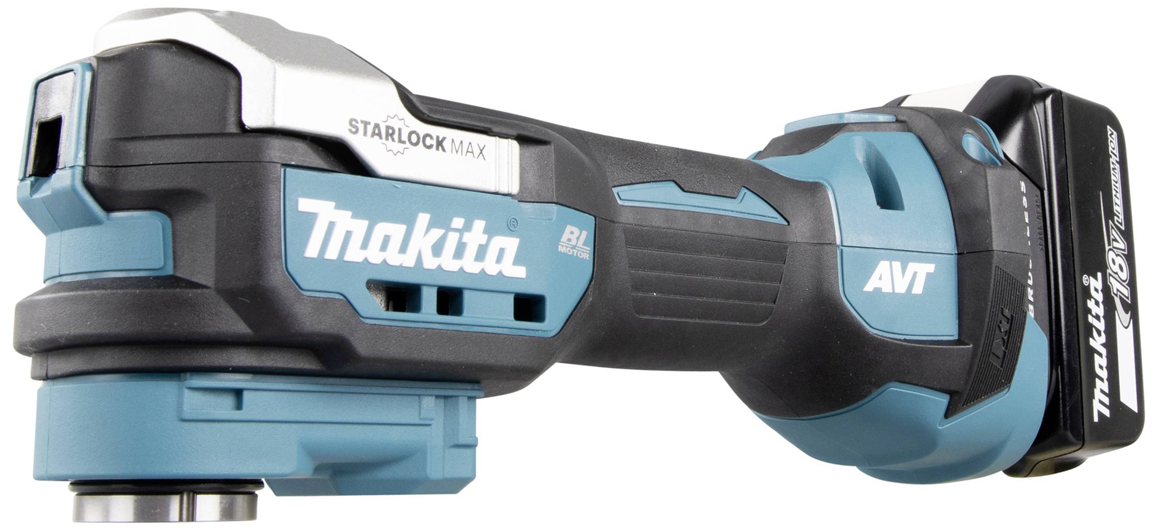 Akku-Multifunktionswerkzeug in Blau und Schwarz mit dem Markennamen auf der Seite. Ausgestattet mit einem Starlock Max System.