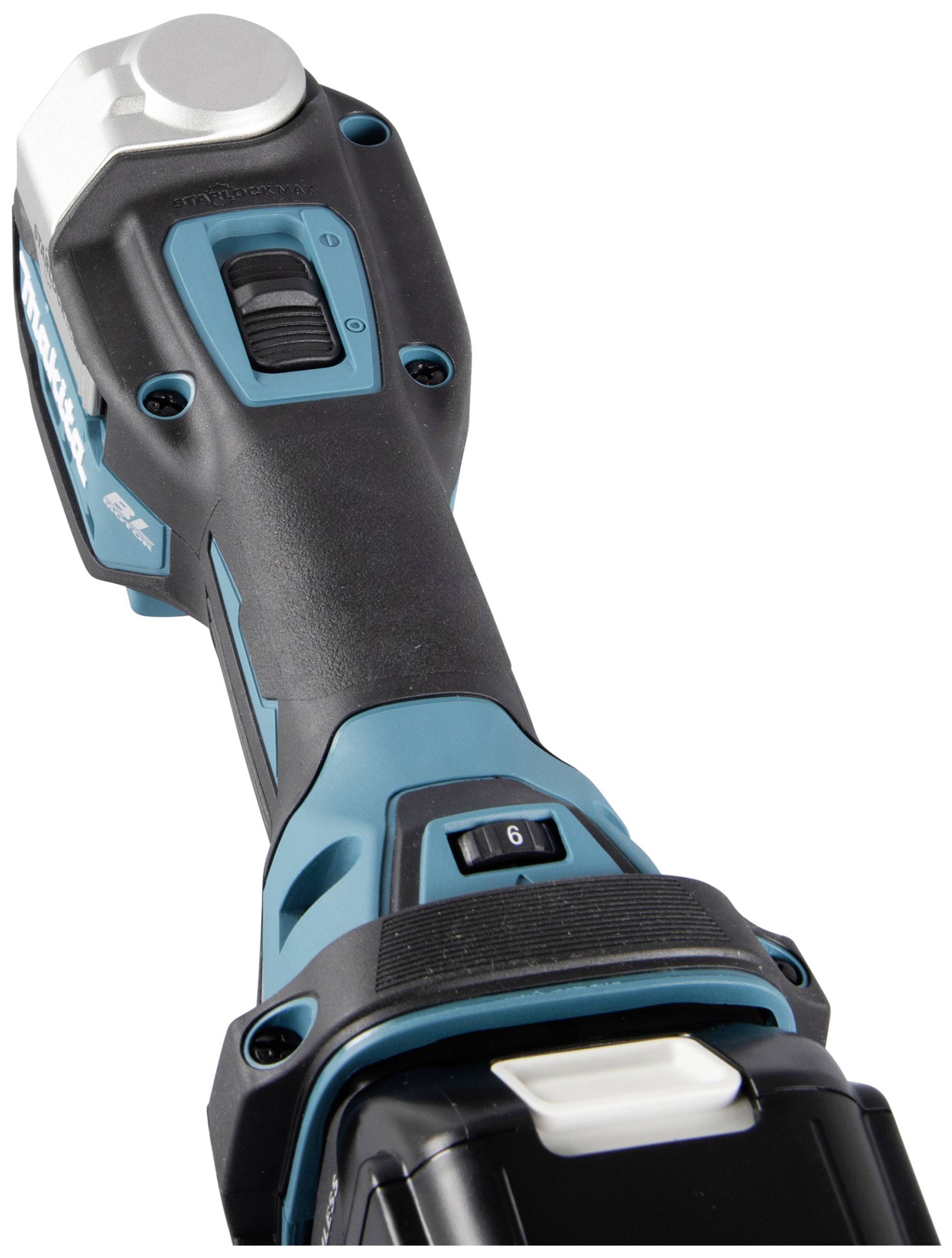 Ein elektrischer Schraubendreher mit blau-schwarzem Gehäuse, Schieberegler für die Geschwindigkeit und einem ergonomischen Griff.