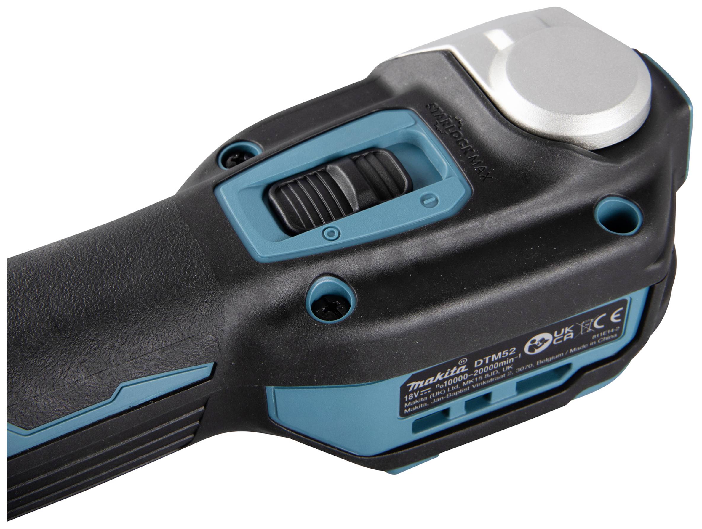 Nahaufnahme eines kabellosen Elektrowerkzeugs mit einem blauen und schwarzen Gehäuse und einem Schalter zur Geschwindigkeitsregelung.