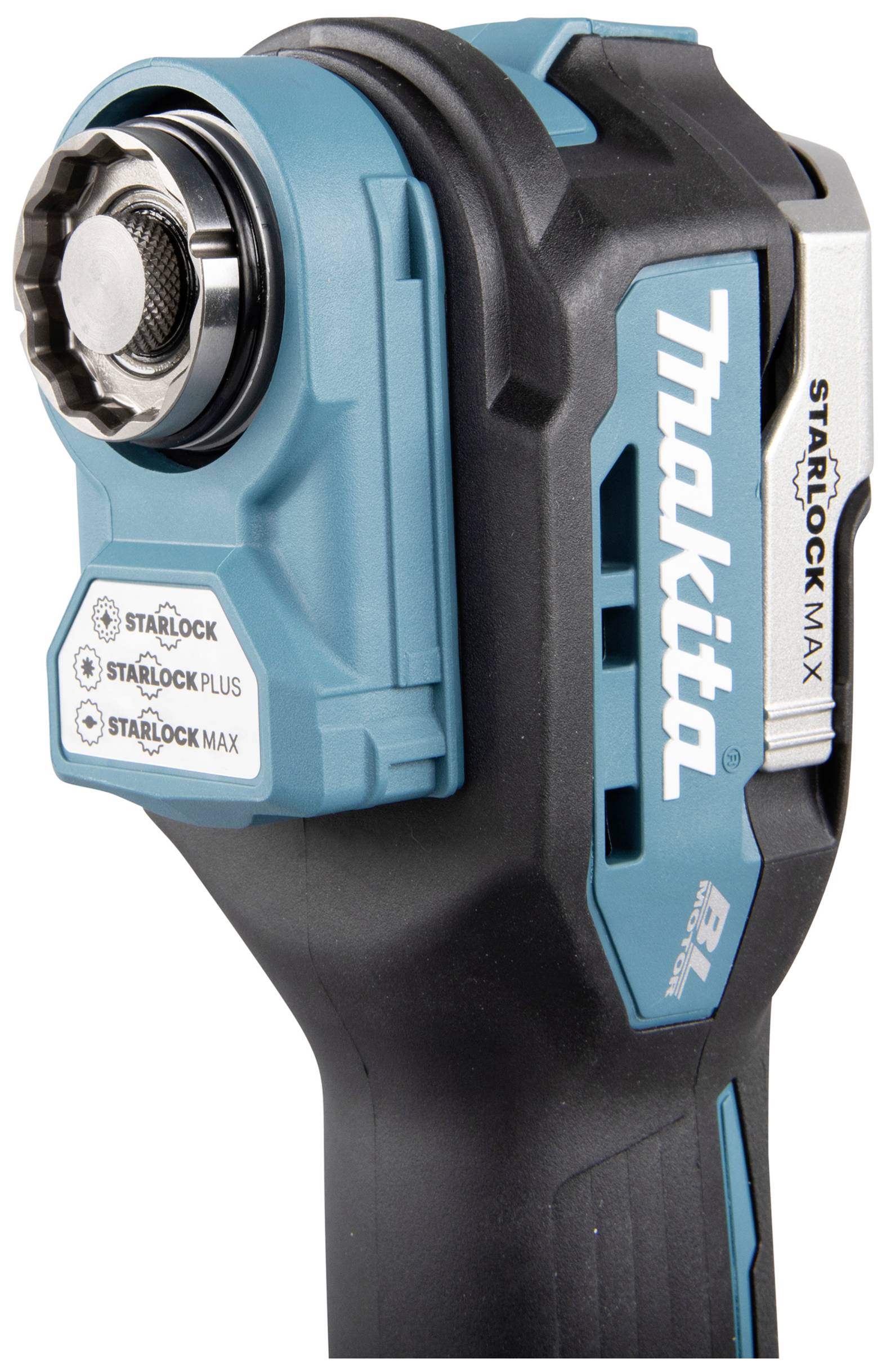 Ein Makita-Werkzeug mit Starlock Max-Aufnahme, geeignet für verschiedene Aufsätze. Es ist in Schwarz und Blau gehalten.