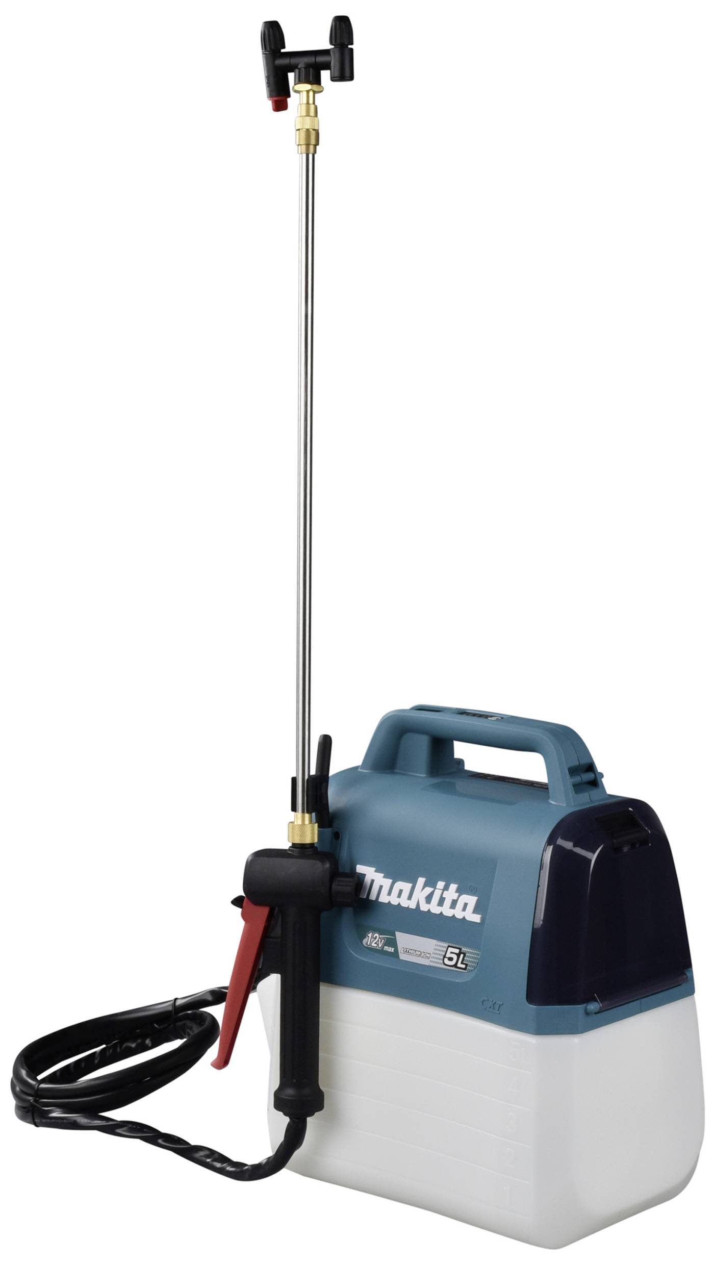 Ein elektrischer Drucksprüher mit blauem und weißem Tank, einer langen Düse und einem schwarzen Schlauch; Marke 'Makita'.