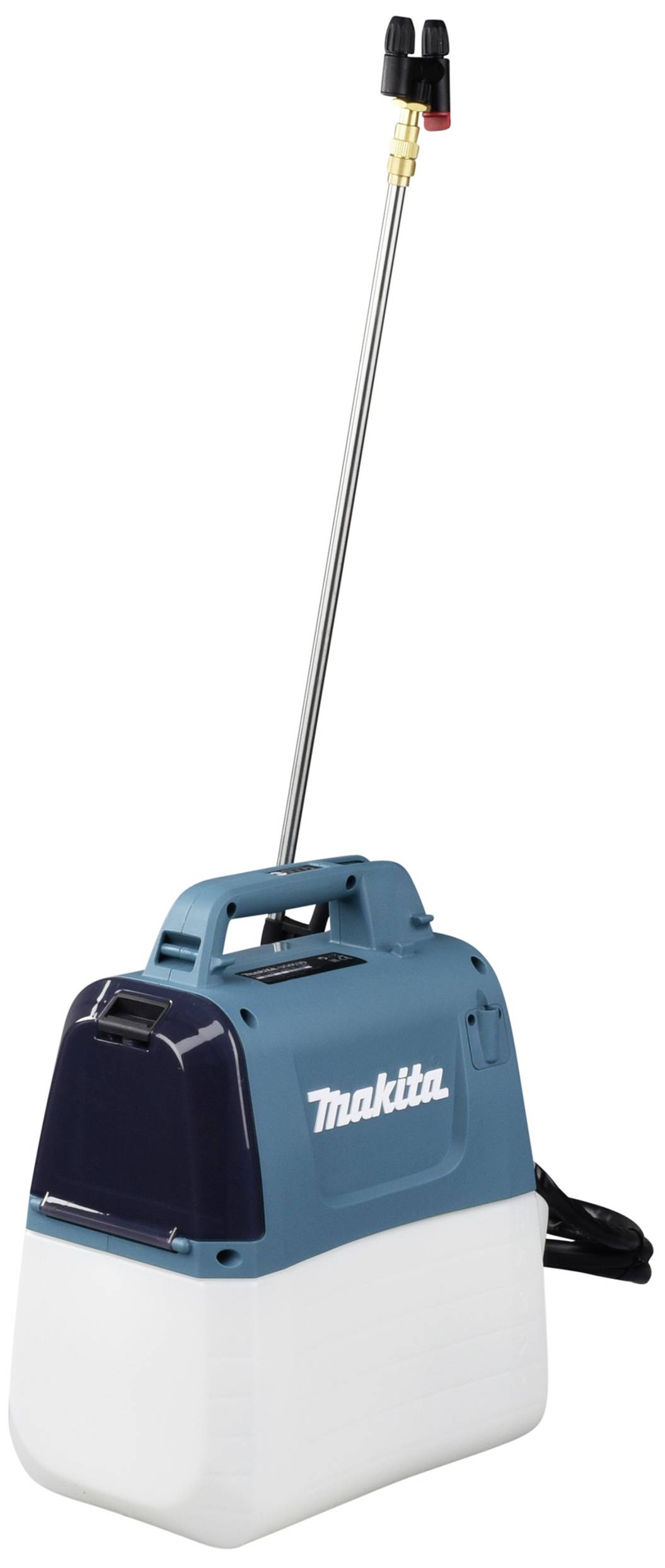 Rucksack-Drucksprüher mit blauem Gehäuse, weißem Tank und metallischer Sprühlanze, Markenname auf der Seite sichtbar.