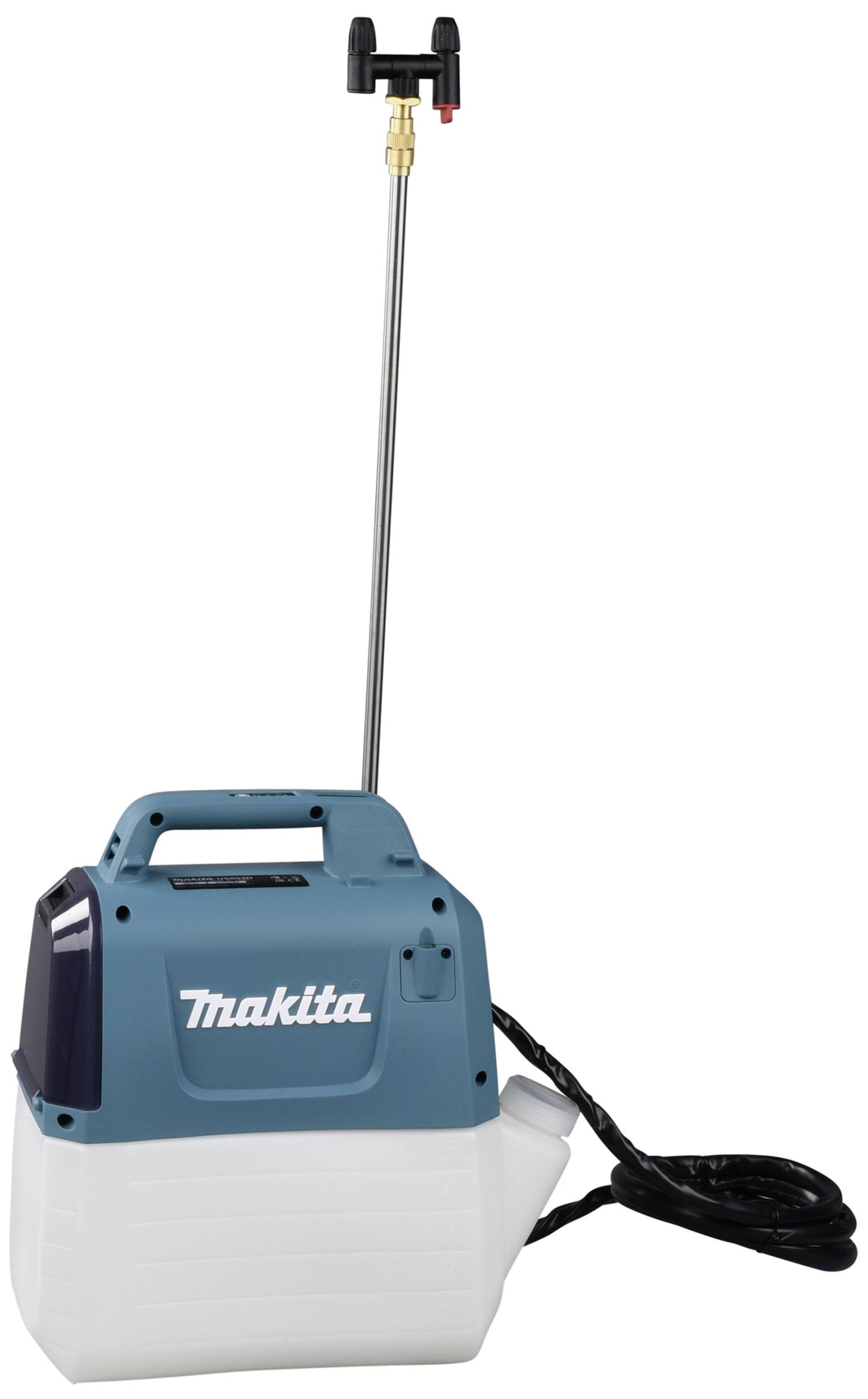 Drucksprüher von Makita mit langem Rohr und Kabel, geeignet für Gartenarbeiten wie Bewässerung oder Reinigungsaufgaben.