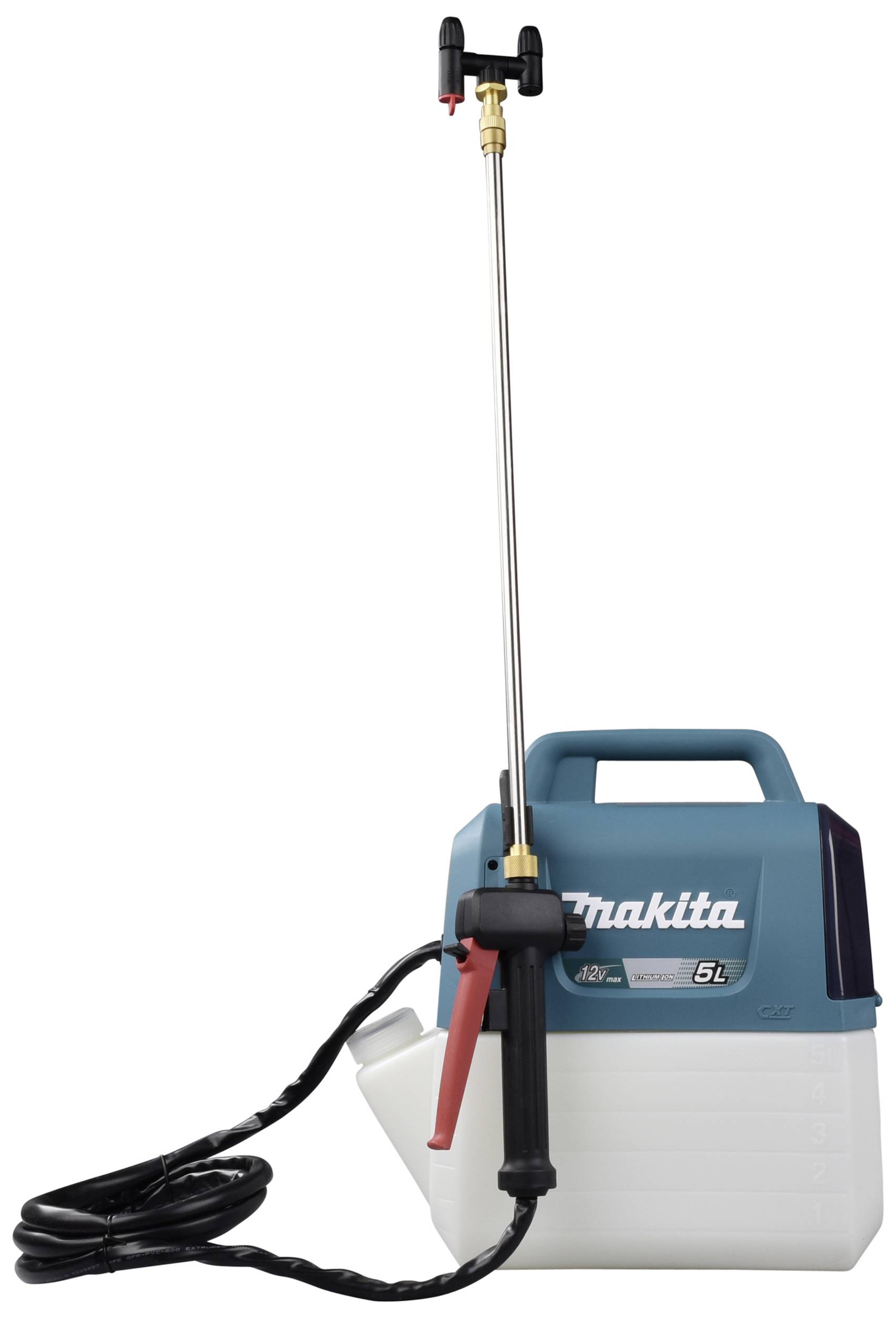 Tragbarer Drucksprüher mit 5-Liter-Tank, langem Metallstab und Handgriff. Kabel ist gewickelt. Markenname vorne sichtbar.