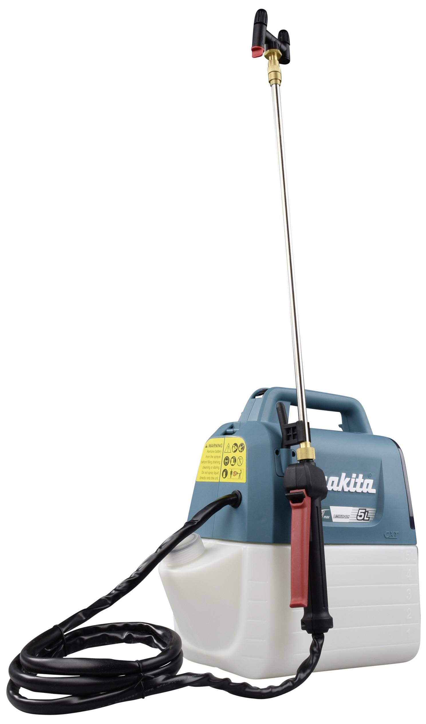 Akku-Drucksprüher mit blau-weißem Tank und rotem Griff, geeignet für Gartenarbeiten.
