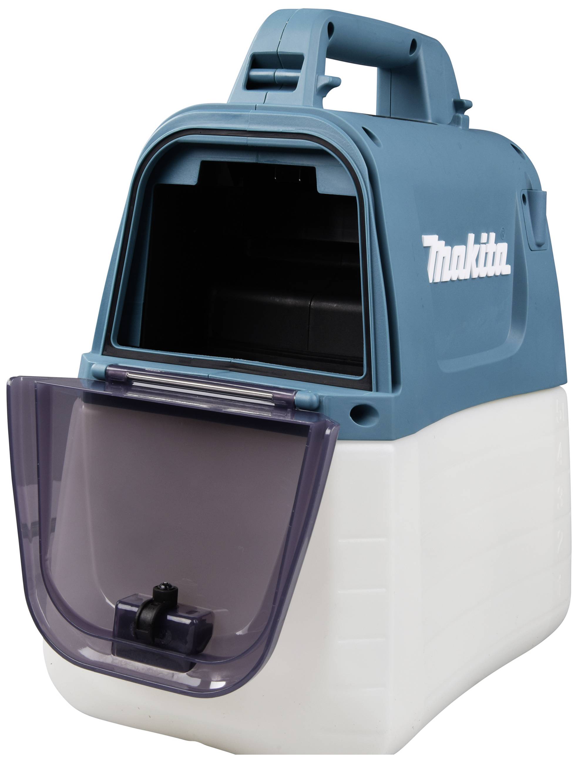 Eine tragbare blaue und weiße Kaffeemaschine mit einem transparenten, herunterklappbaren Deckel oben und einem Griff zum Tragen.