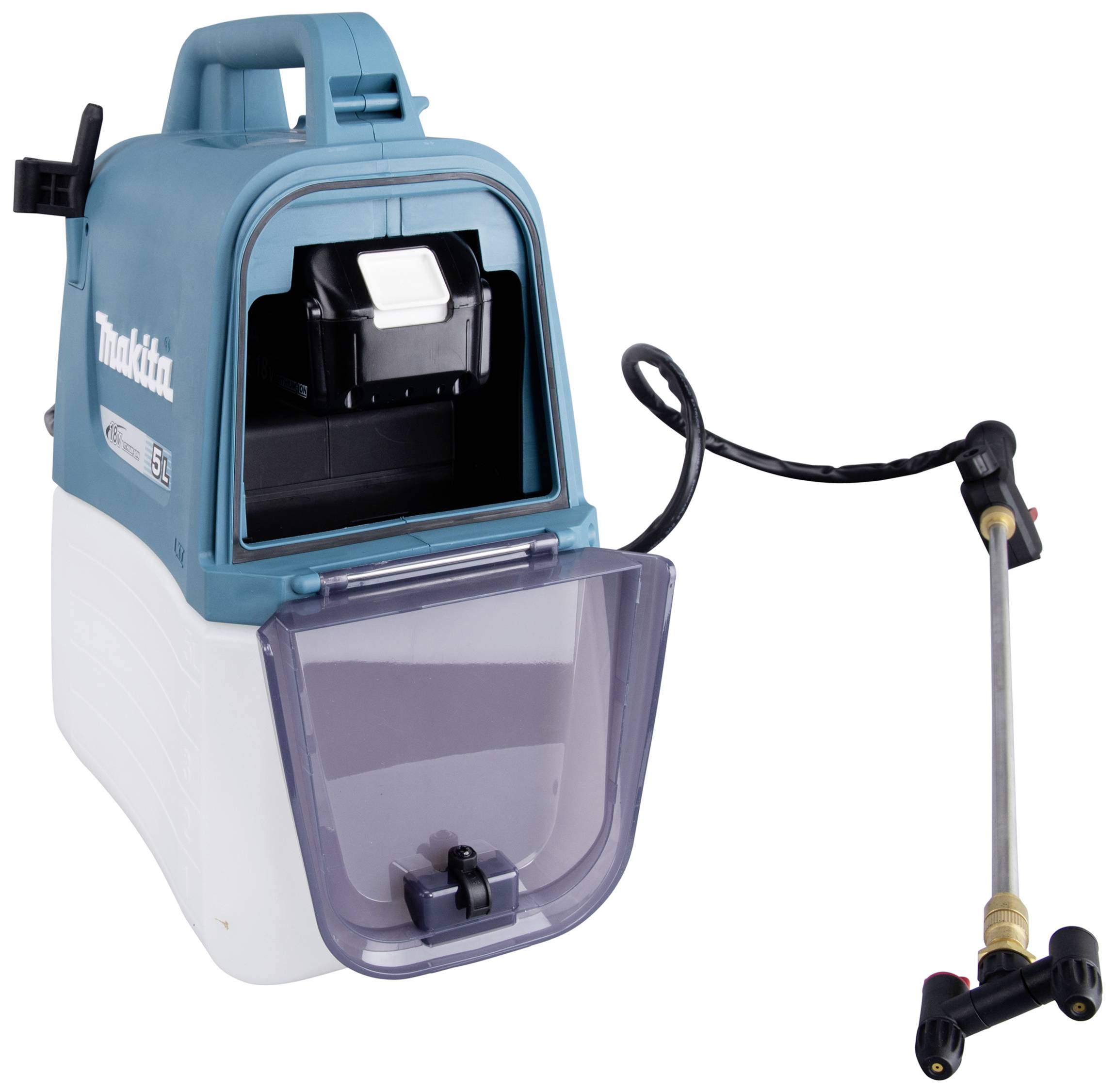 Blauer und weißer tragbarer Hochdruckreiniger mit offenem Wassertank und abnehmbarer Sprühlanze. Ideal für leichte Reinigungsaufgaben.