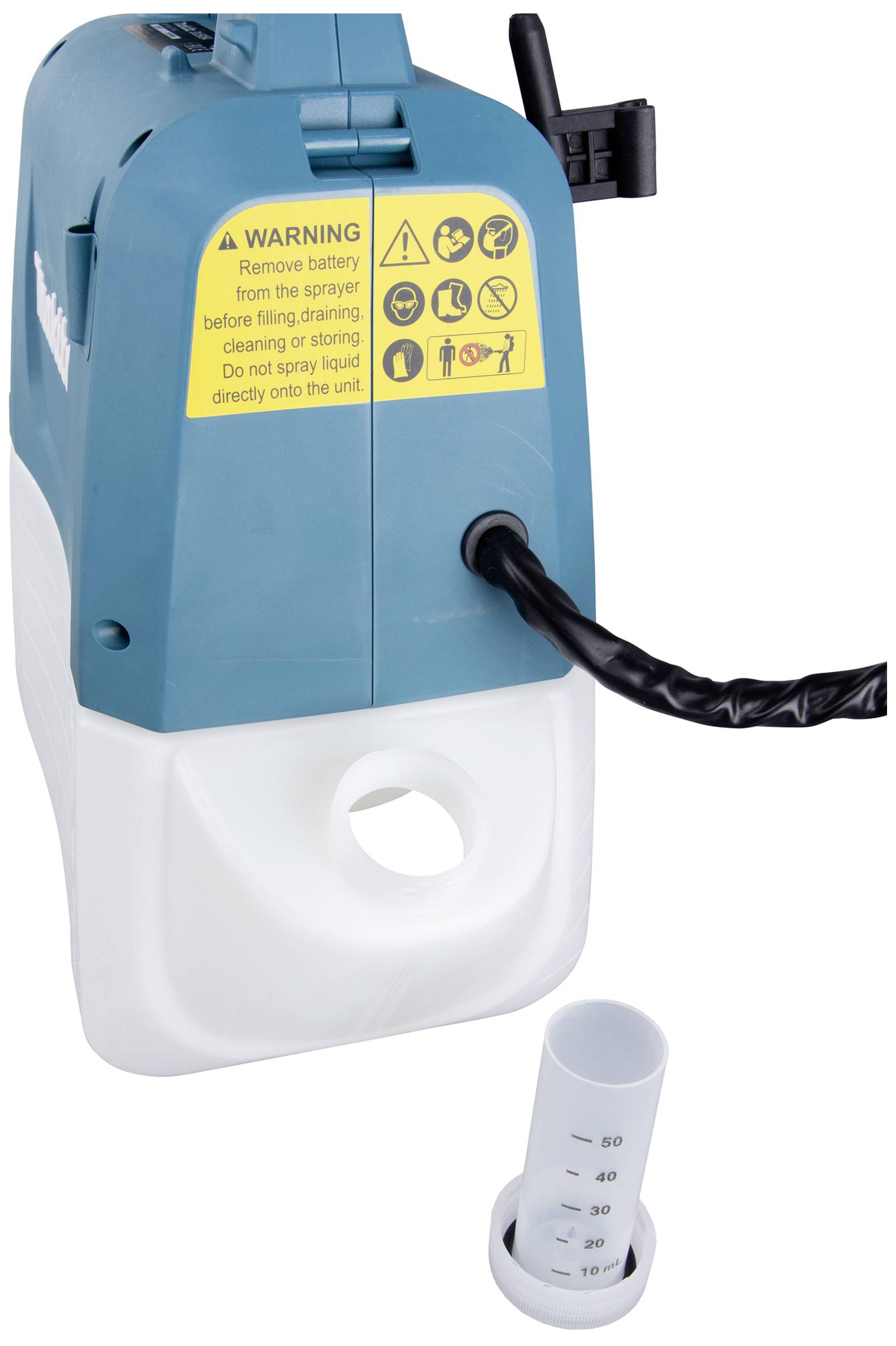 Tragbarer Sprüher mit abnehmbarer Batterie und Messkappe. Warnhinweise auf der Oberseite fordern zur Vorsicht beim Umgang auf.