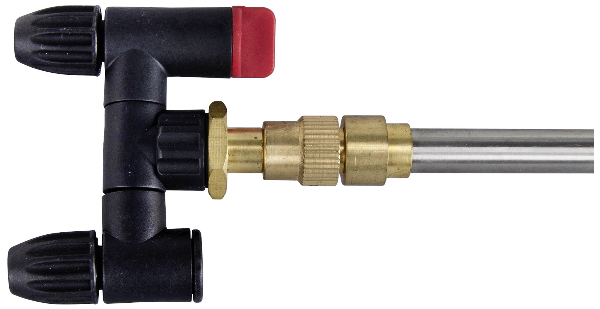 Eine T-förmige Wasserleitung mit zwei schwarzen Ventilen und Messingverbindung, montiert an einem Metallrohr.