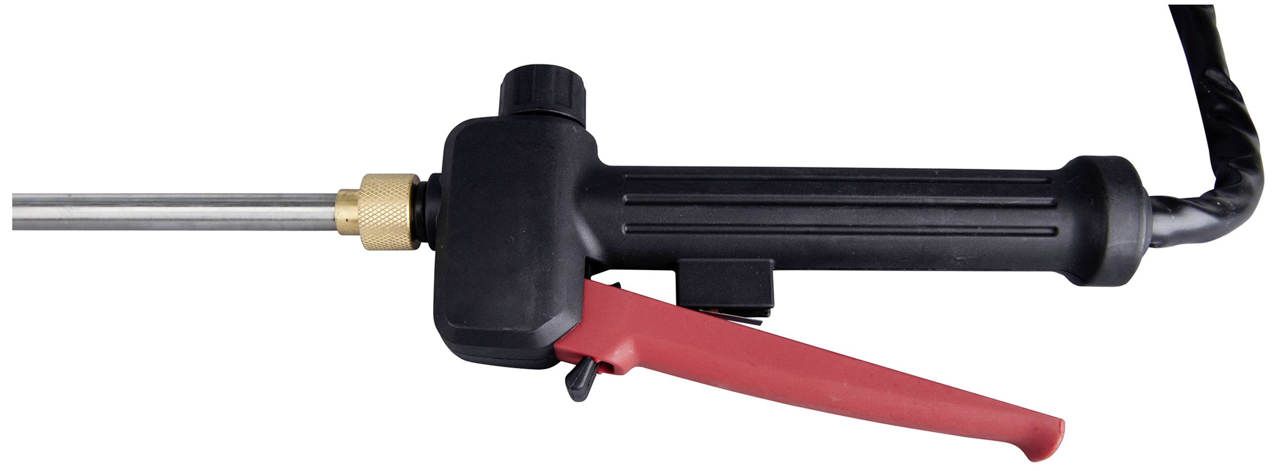 Ein schwarzer Hochdruckreinigergriff mit einem abgewinkelten roten Hebel. An das Ende ist ein Metallrohr angeschlossen.