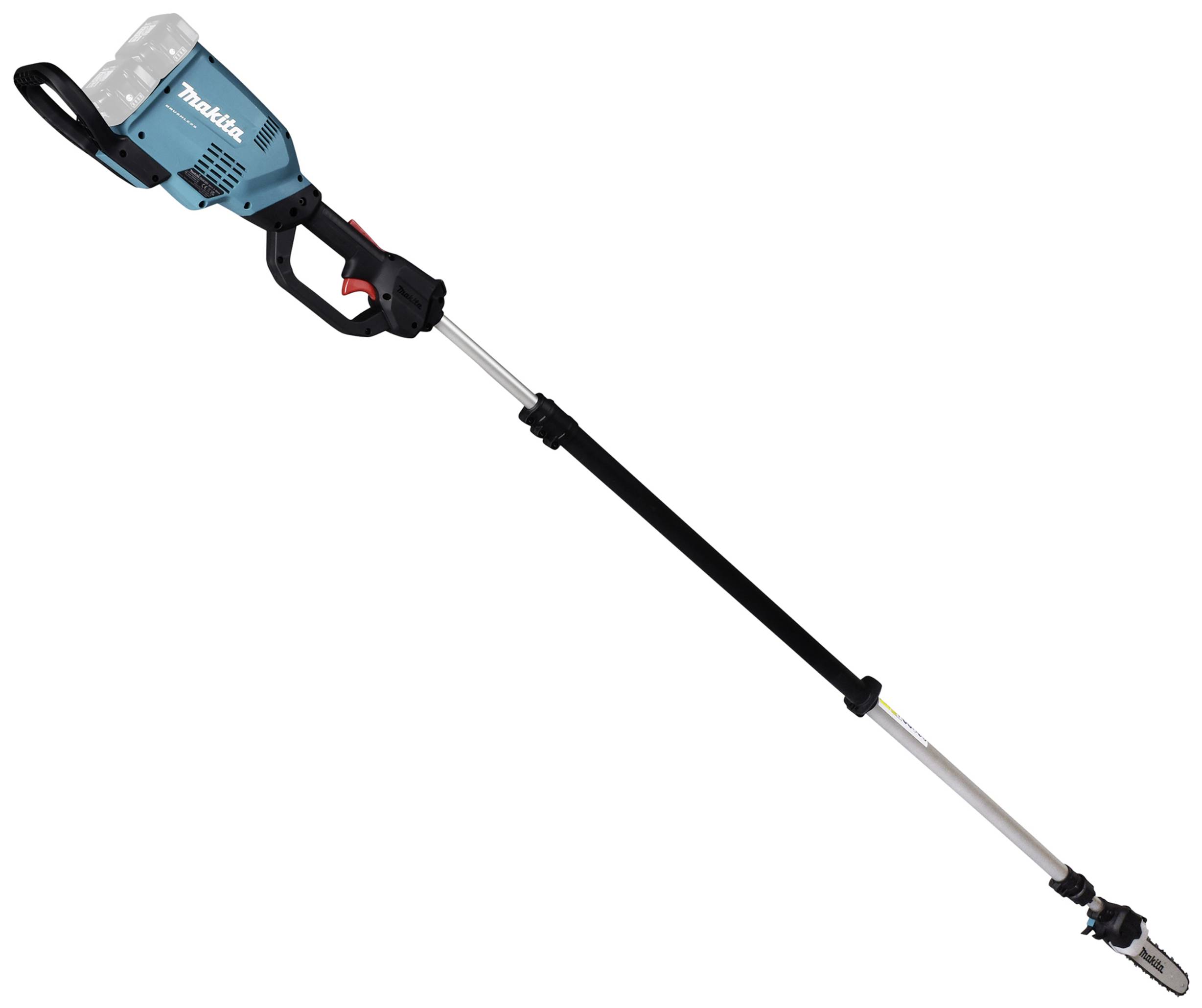 Ein blauer, verlängerbarer elektrischer Hochentaster, geeignet für das Schneiden hoher Äste.