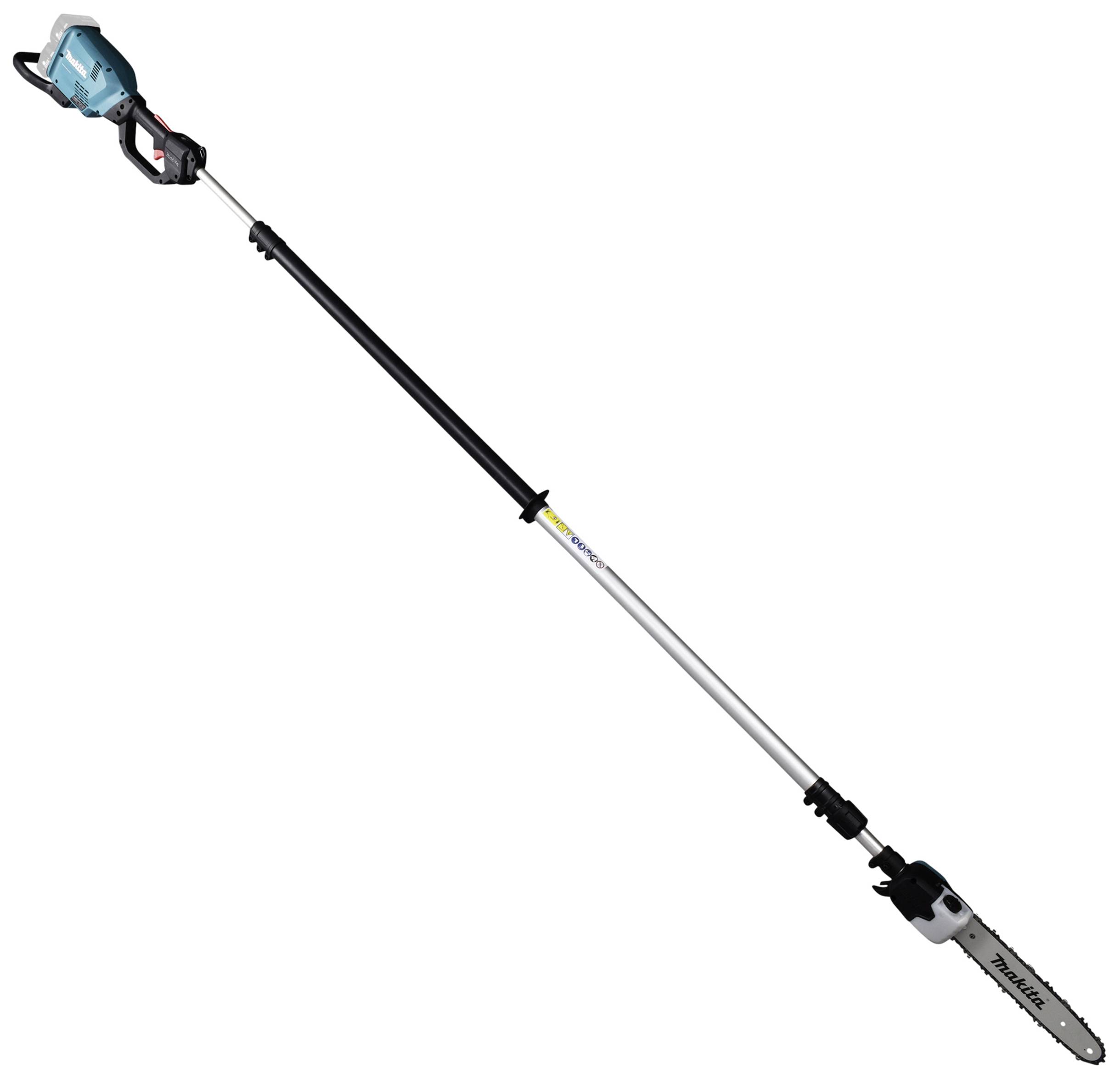 Stangensäge mit langem Teleskopgriff und Kettensäge am Ende. Akku-betrieben, geeignet zum Schneiden von Ästen in großer Höhe.
