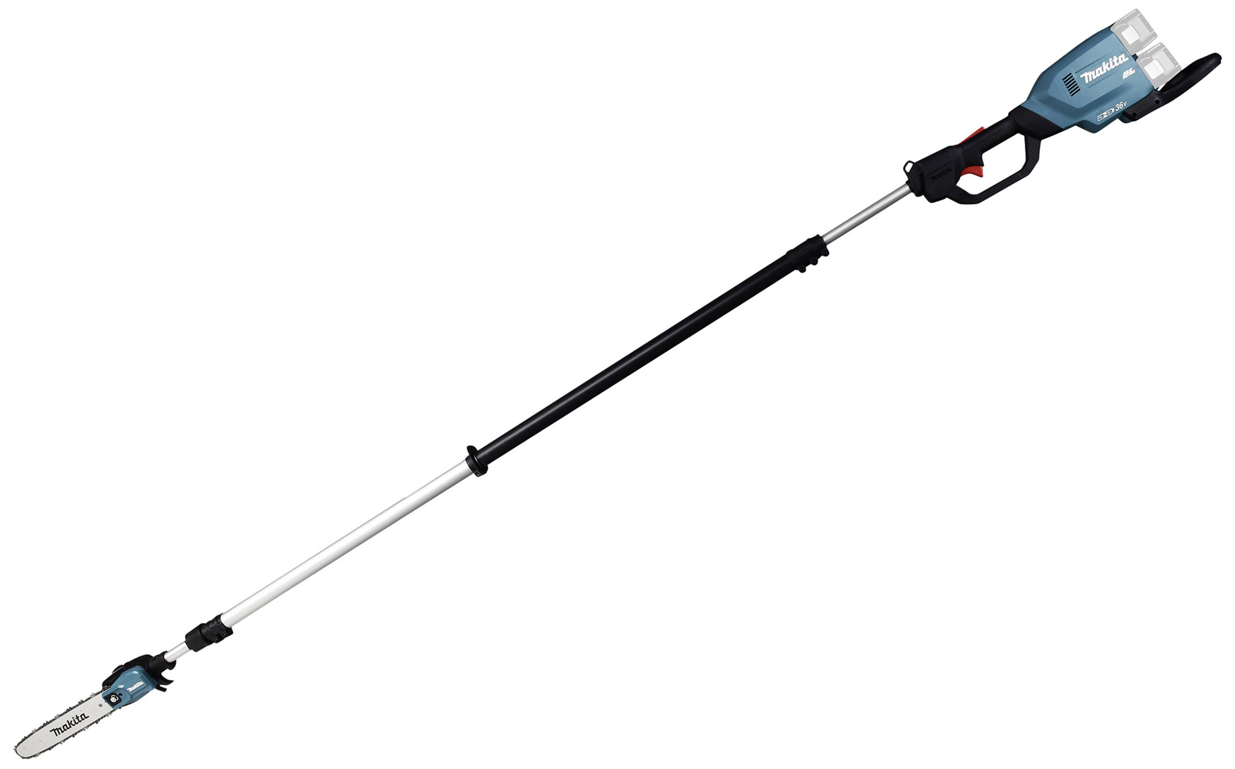 Langstielige Kettensäge mit blauem Gehäuse und ausziehbarem Schaft, geeignet zum Beschneiden von hohen Ästen und schwer zugänglichen Stellen.