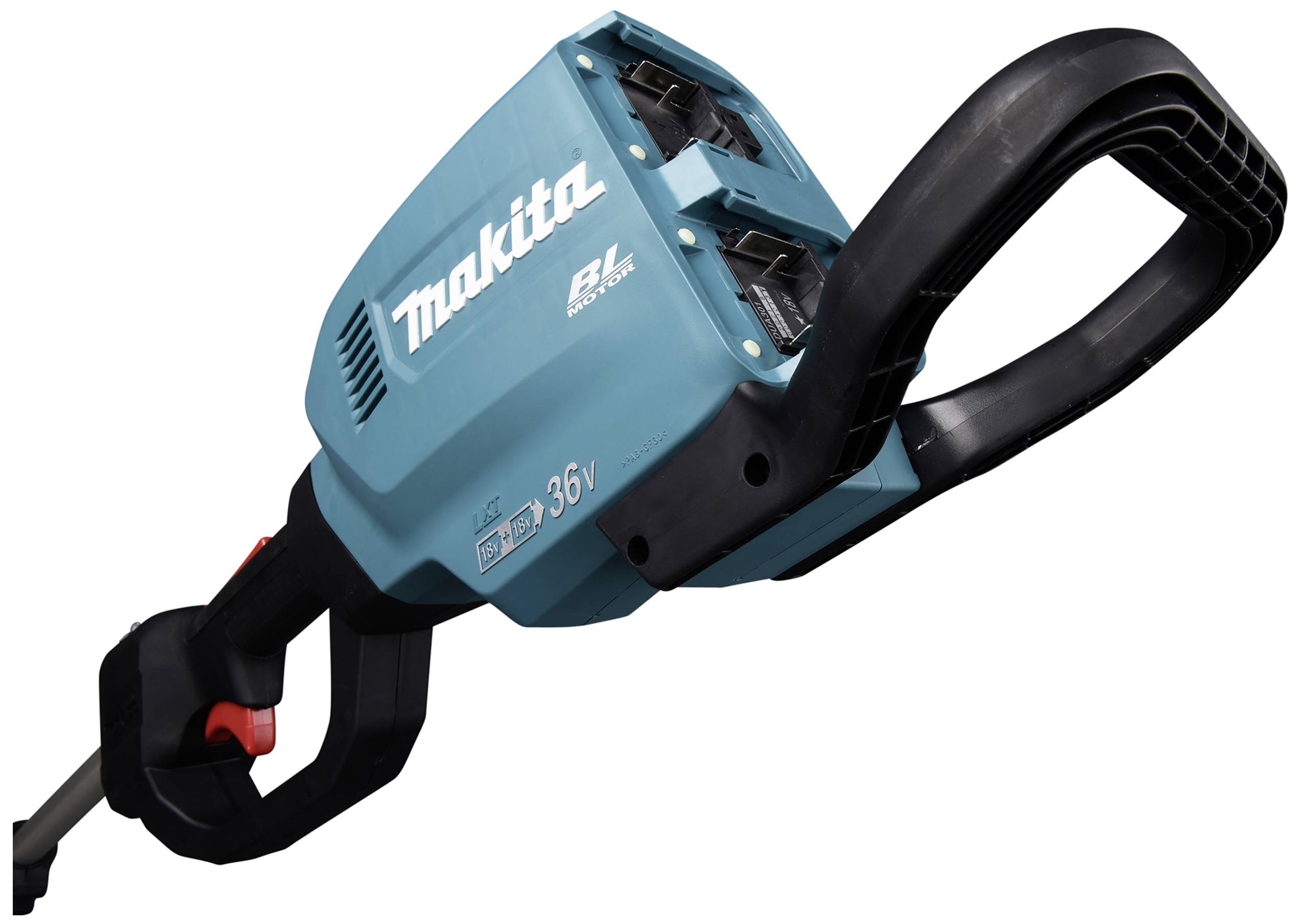 Ein blaues, akkubetriebenes Makita-Gartengerät mit zwei Batterieplätzen, ergonomischem Griff und schwarzer Sicherheitsvorrichtung.