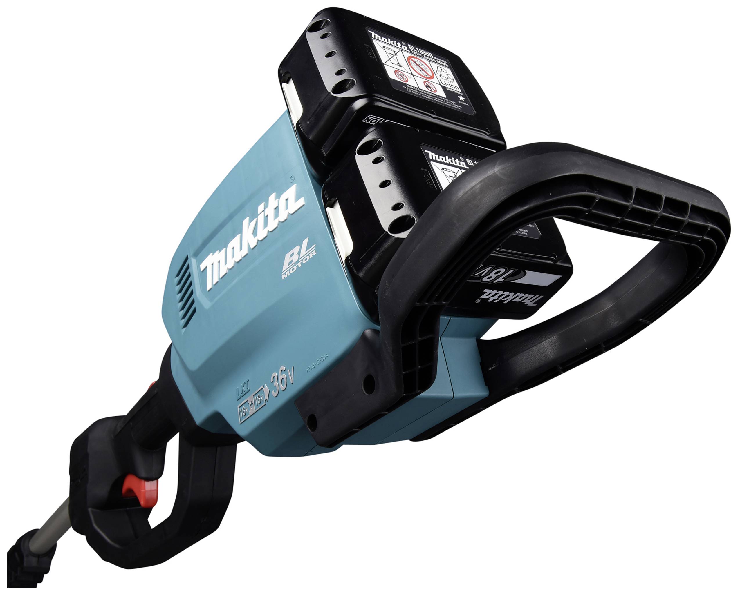 Akku-Freischneider mit blauem Gehäuse und schwarzen Griffen, Markenname 'Makita', mit zwei Batterien auf der Oberseite.