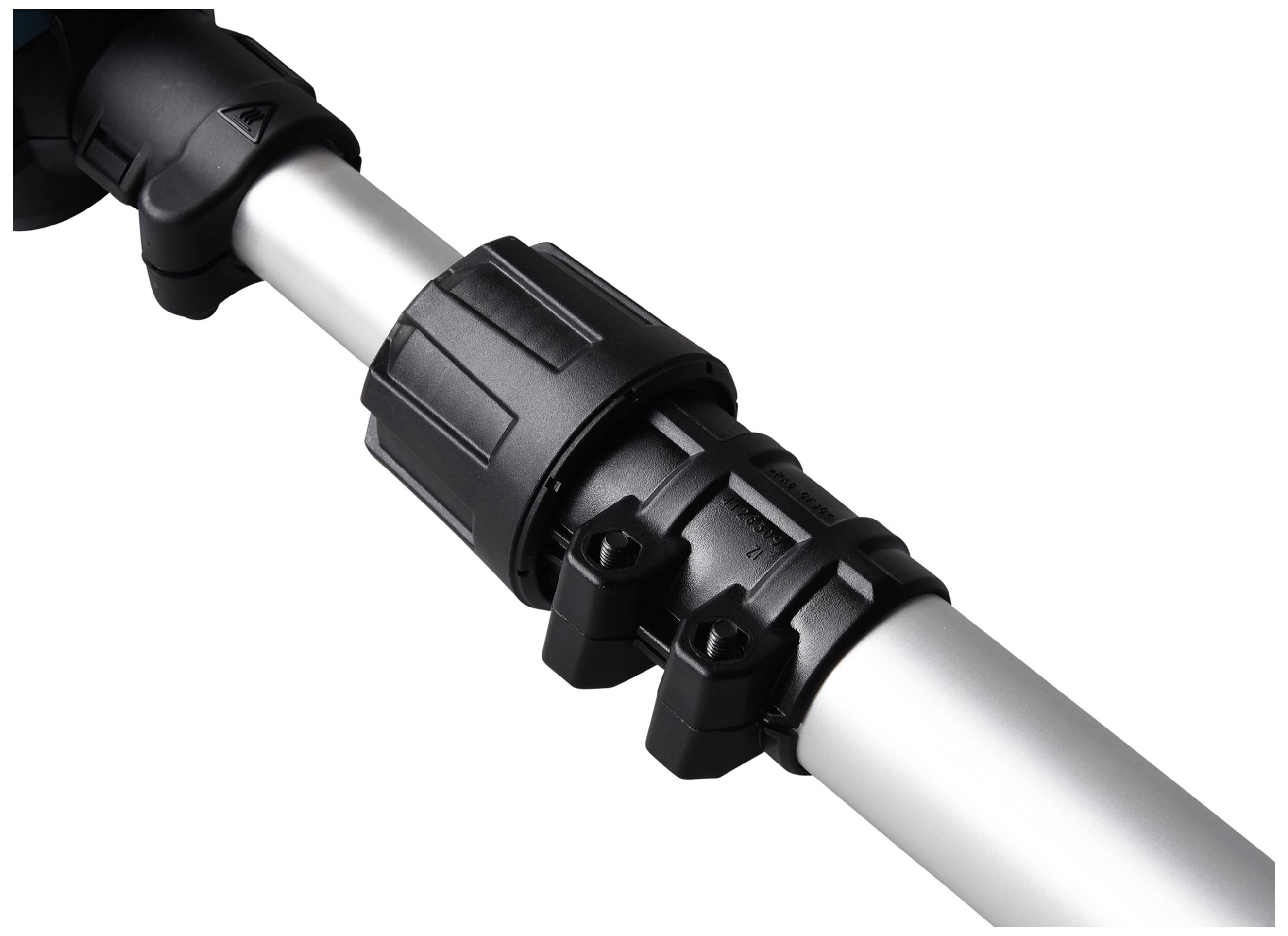 Ein Teleskoprohr aus Metall mit zwei schwarzen, einstellbaren Klemmen zum Verstellen der Länge. Ideal für Geräte oder Werkzeuge.