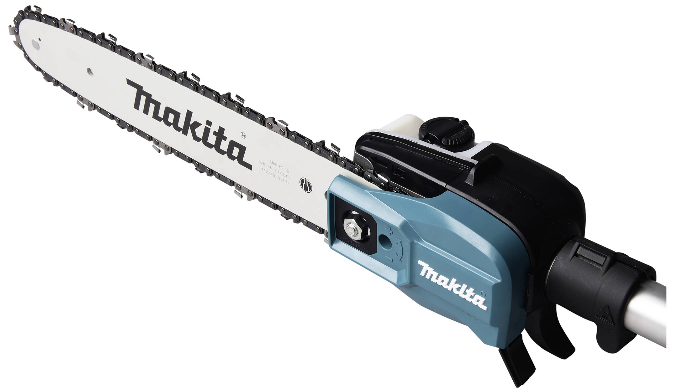 Elektrische Kettensäge von Makita, zeigt das Schwert mit Kette und den Griff, blau-schwarzes Design, seitliche Ansicht.