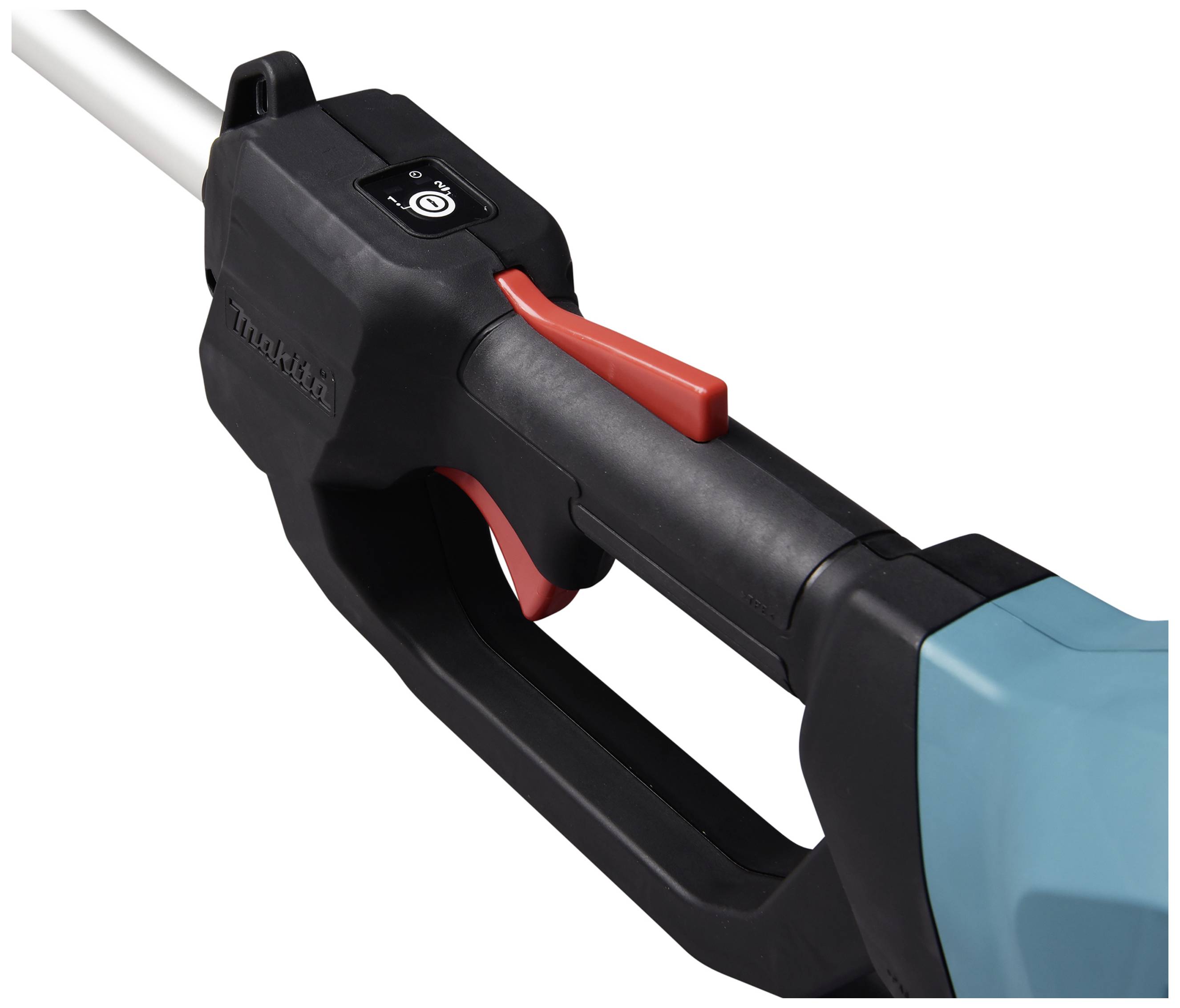 Nahaufnahme eines schwarz-türkisen Heckenschneiden-Griffs mit orangem Schalter und Sicherheitsknopf.