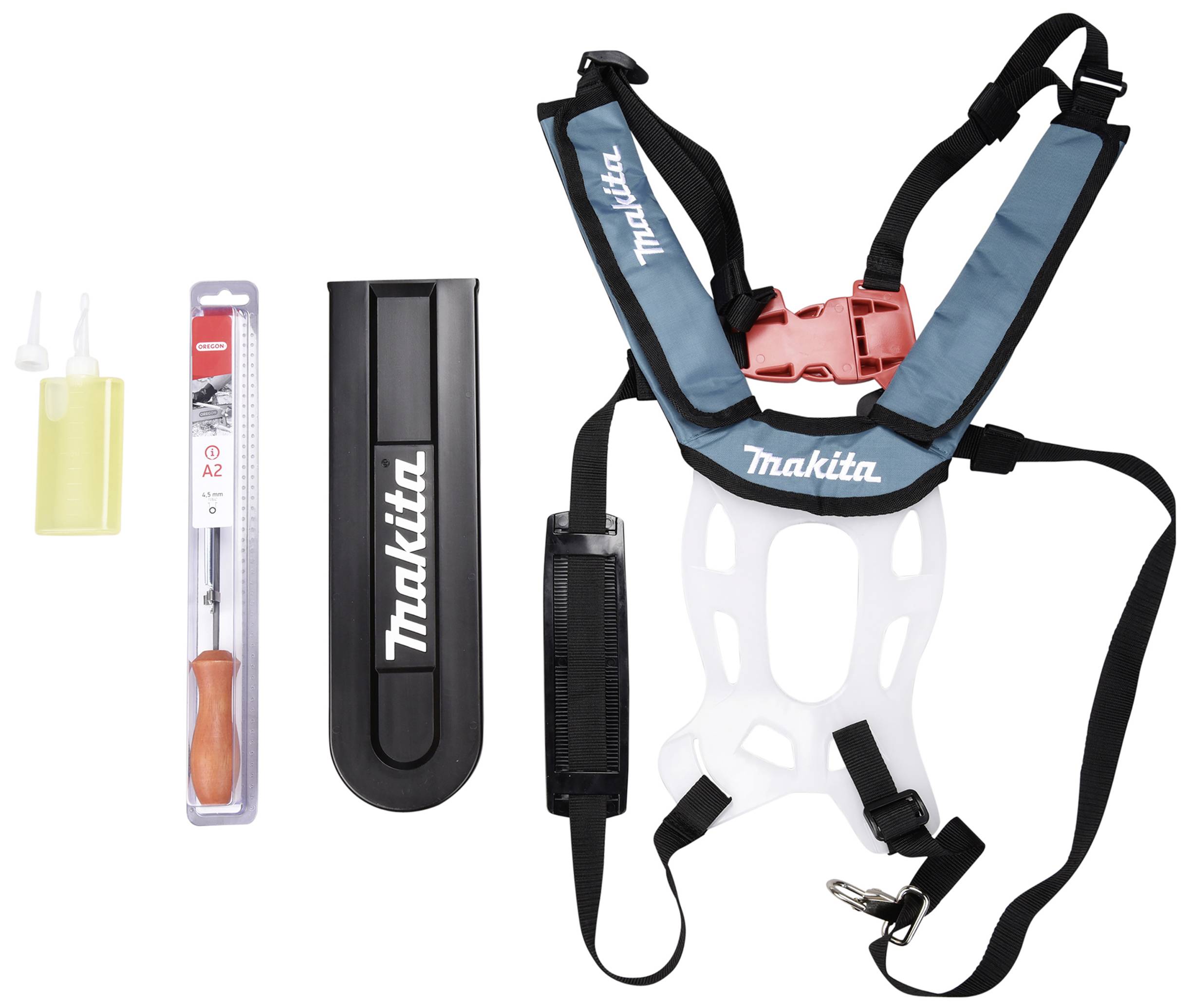Tragegurt-Set von Makita mit Schutzbrille, Feile, Kettenschutz und Werkzeuggürtel zur sicheren und komfortablen Nutzung von Gartengeräten.