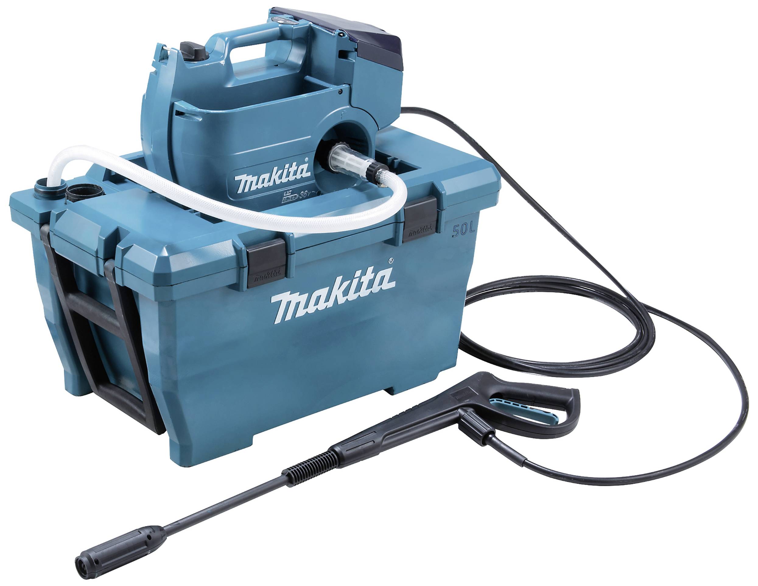 Ein tragbarer Hochdruckreiniger von Makita, mit einem Schlauch und einer Spritzpistole. Das Gerät ist auf einem robusten Behälter montiert.