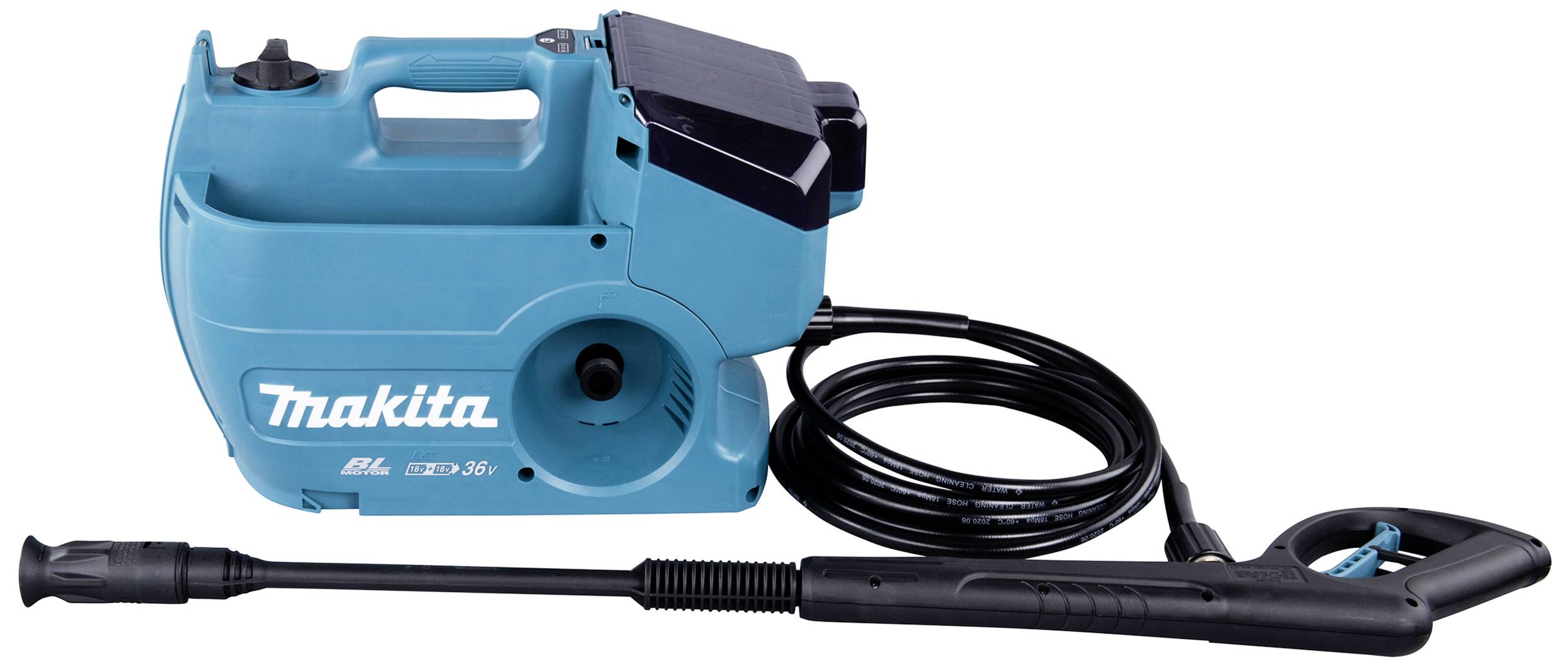 Ein elektrisch betriebener Hochdruckreiniger der Marke Makita in Blau mit schwarzer Schlauchdüse, geeignet für Reinigungsaufgaben.