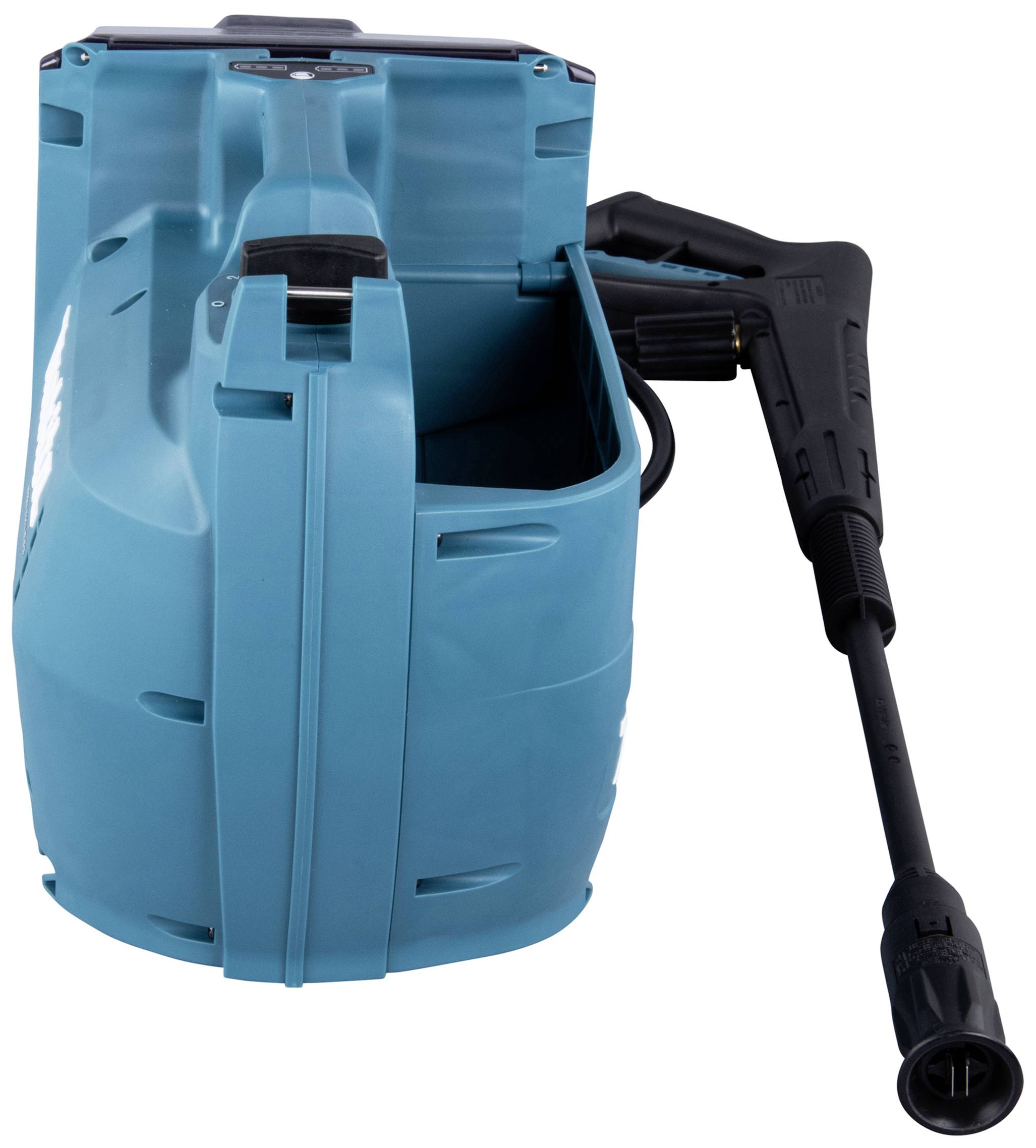 Ein blaues, tragbares Hochdruckreiniger-Gerät mit schwarzer Spritzdüse und Griff, bereit zur Reinigung.