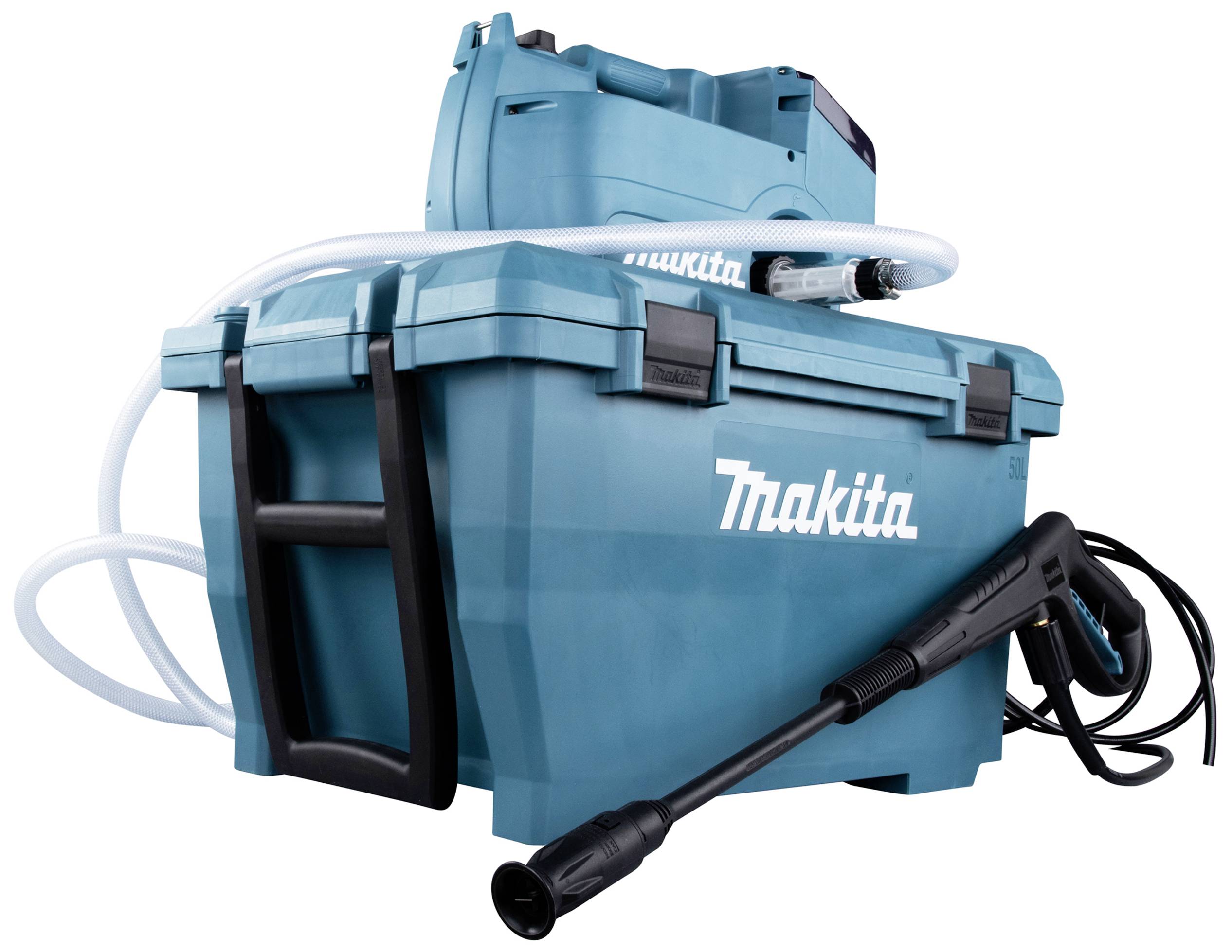 Hochdruckreiniger mit Makita-Logo, Wasserbehälter, Schlauch und Spritzpistole in einem blauen Gehäuse.