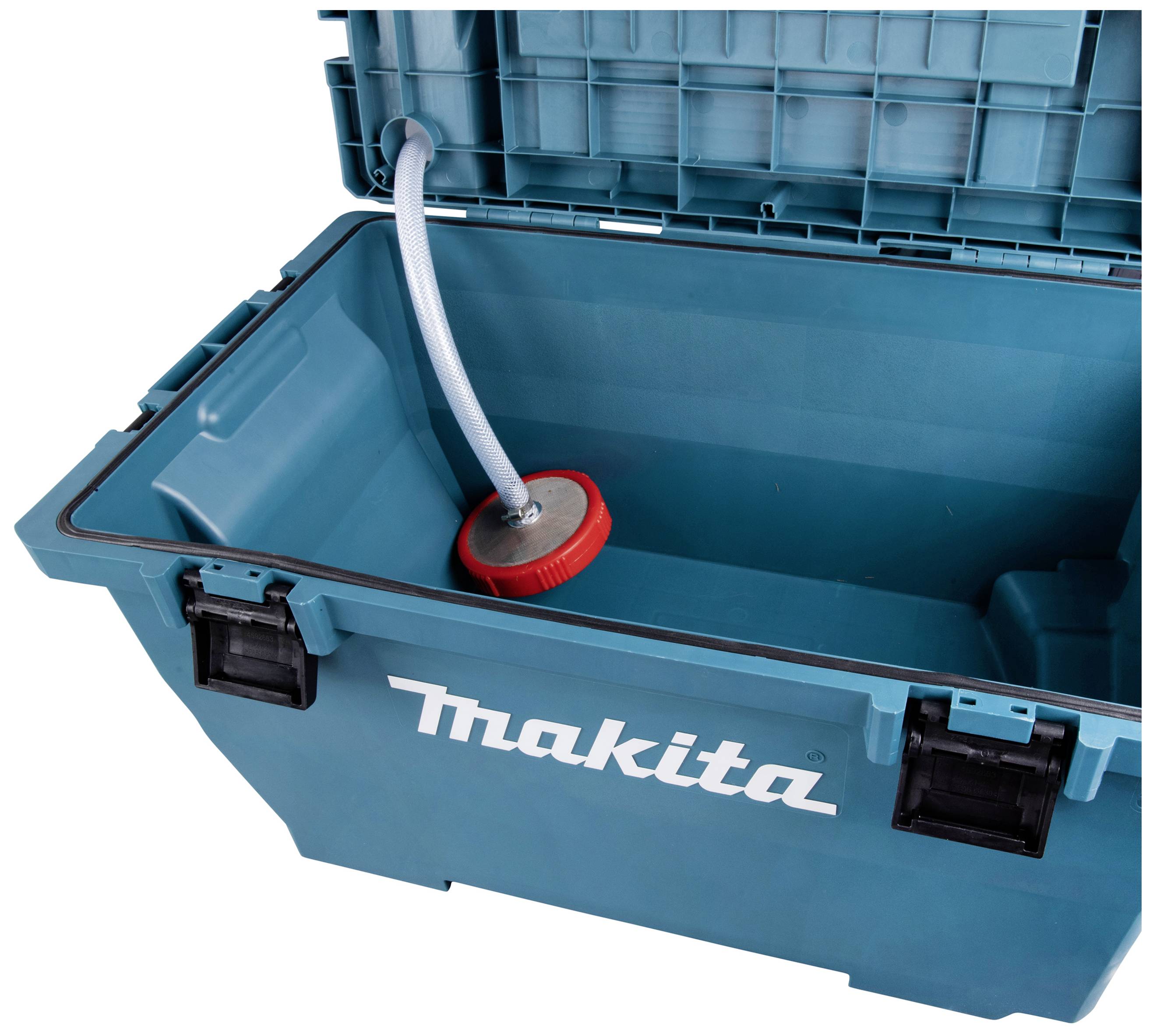 Offene blaue Werkzeugbox von Makita mit einem roten Schlauchanschluss im Inneren.