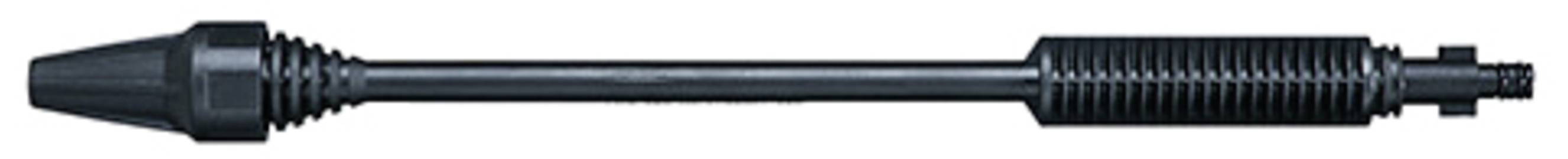 Ein schwarzer Hochdruckreiniger-Aufsatz mit einer schmalen Düse und geriffelten Griffbereich, der Verlängerungsschaft ist lang und zylindrisch.
