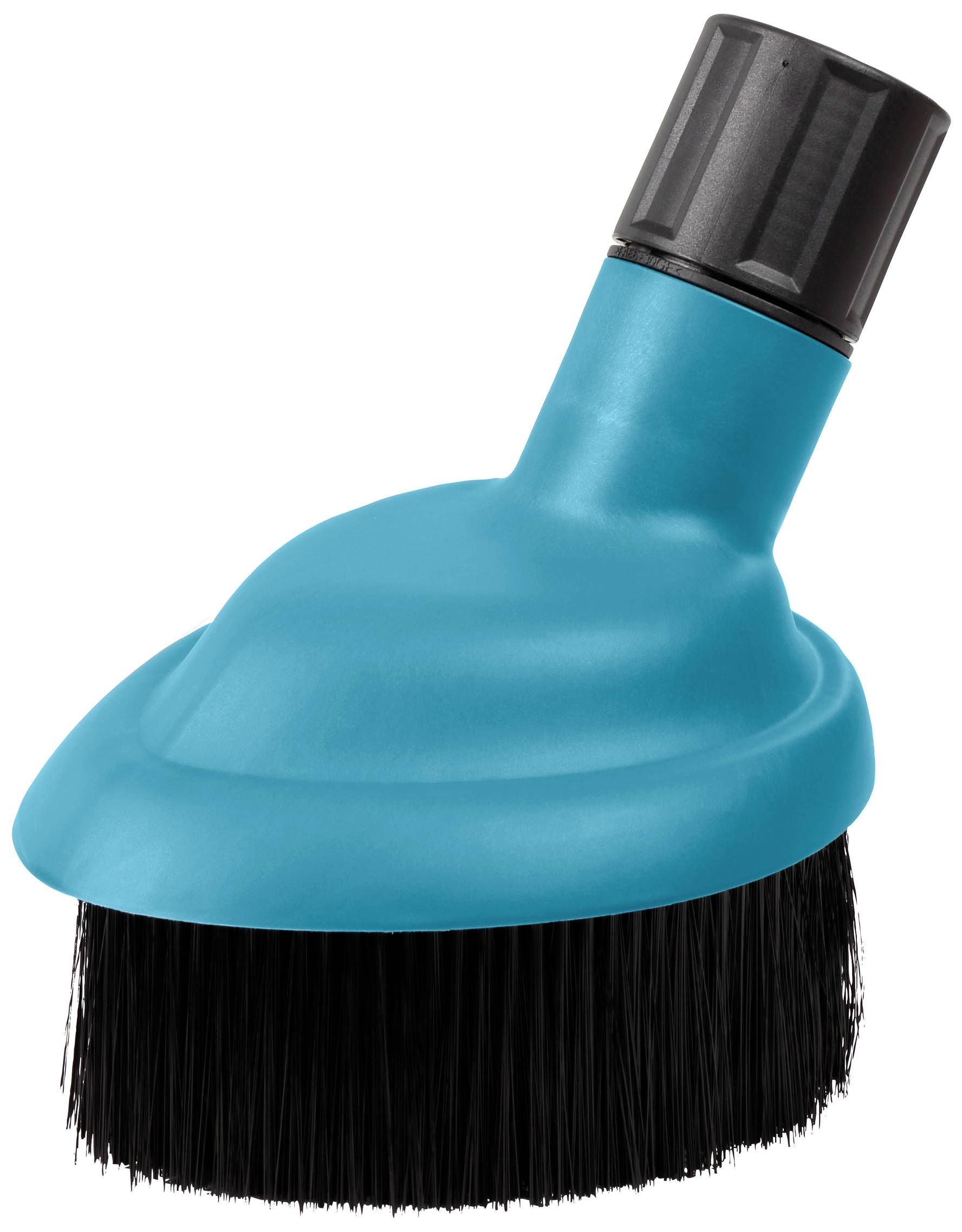 Ein blauer Staubsaugeraufsatz mit schwarzen Borsten, geeignet zur Reinigung von empfindlichen Oberflächen wie Möbeln oder Stoffen.