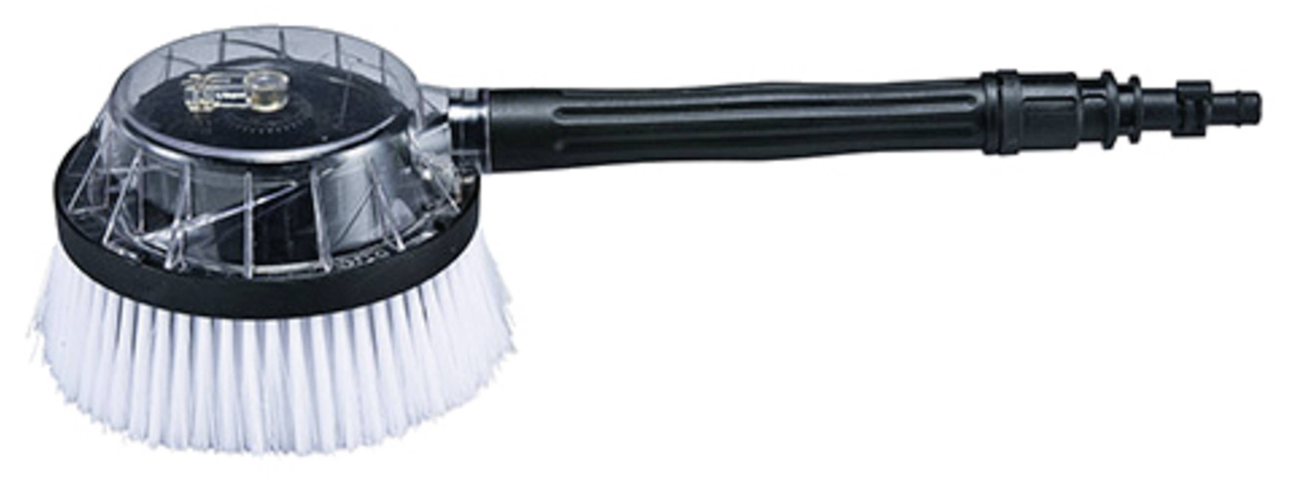 Eine rotierende Waschbürste mit schwarzem Griff und weißen Borsten.