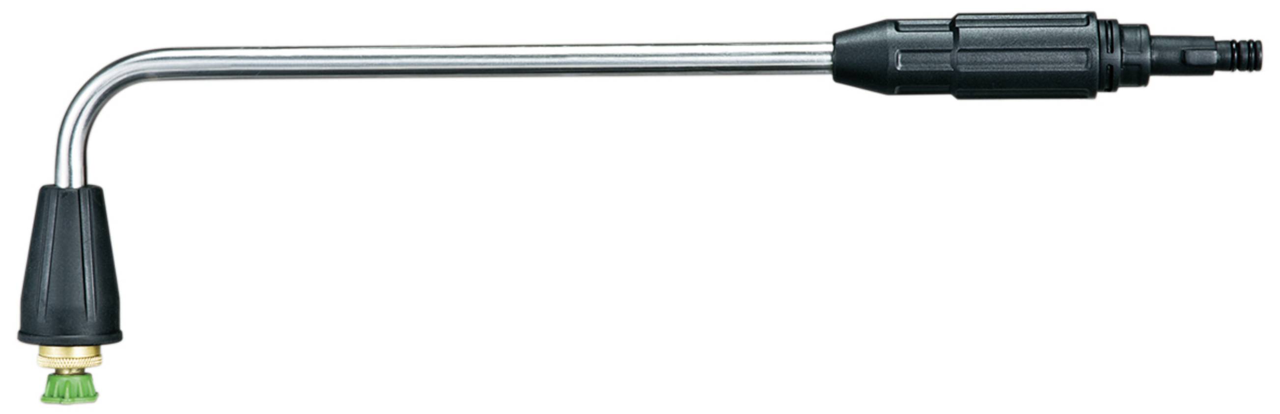 Langer Druckreinigungsstrahlaufsatz mit gebogenem Metallrohr und grünem Düsenkopf; konzipiert für schwer erreichbare Stellen.