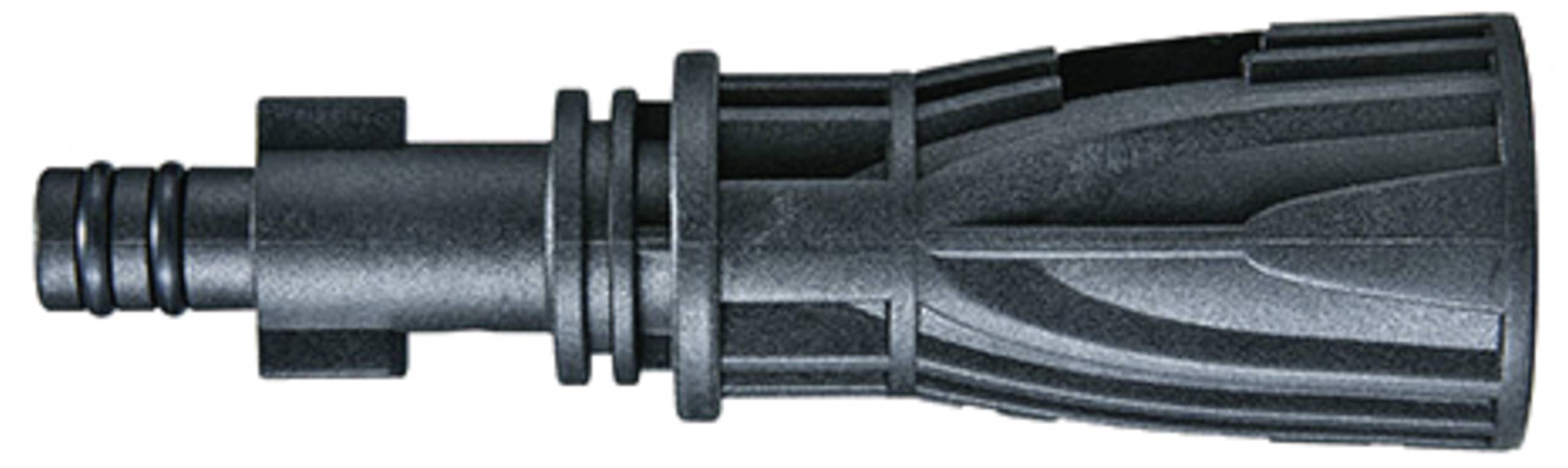 Ein schwarzer Kunststoff-Steckverbinder, Details sind erkennbar. Verwendungszweck: Verbindung von Schläuchen oder Rohren in technischen Anwendungen.