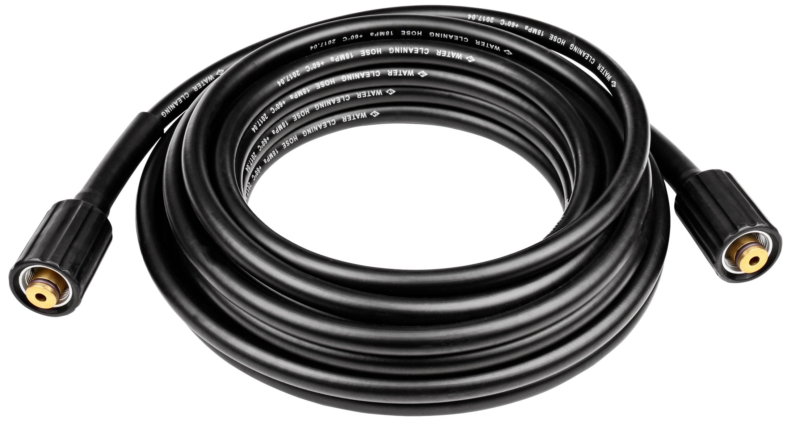 Schwarzer Hochdruckschlauch mit Gewindeanschlüssen an beiden Enden, aufgerollt, geeignet für Hochdruckreinigungsgeräte.