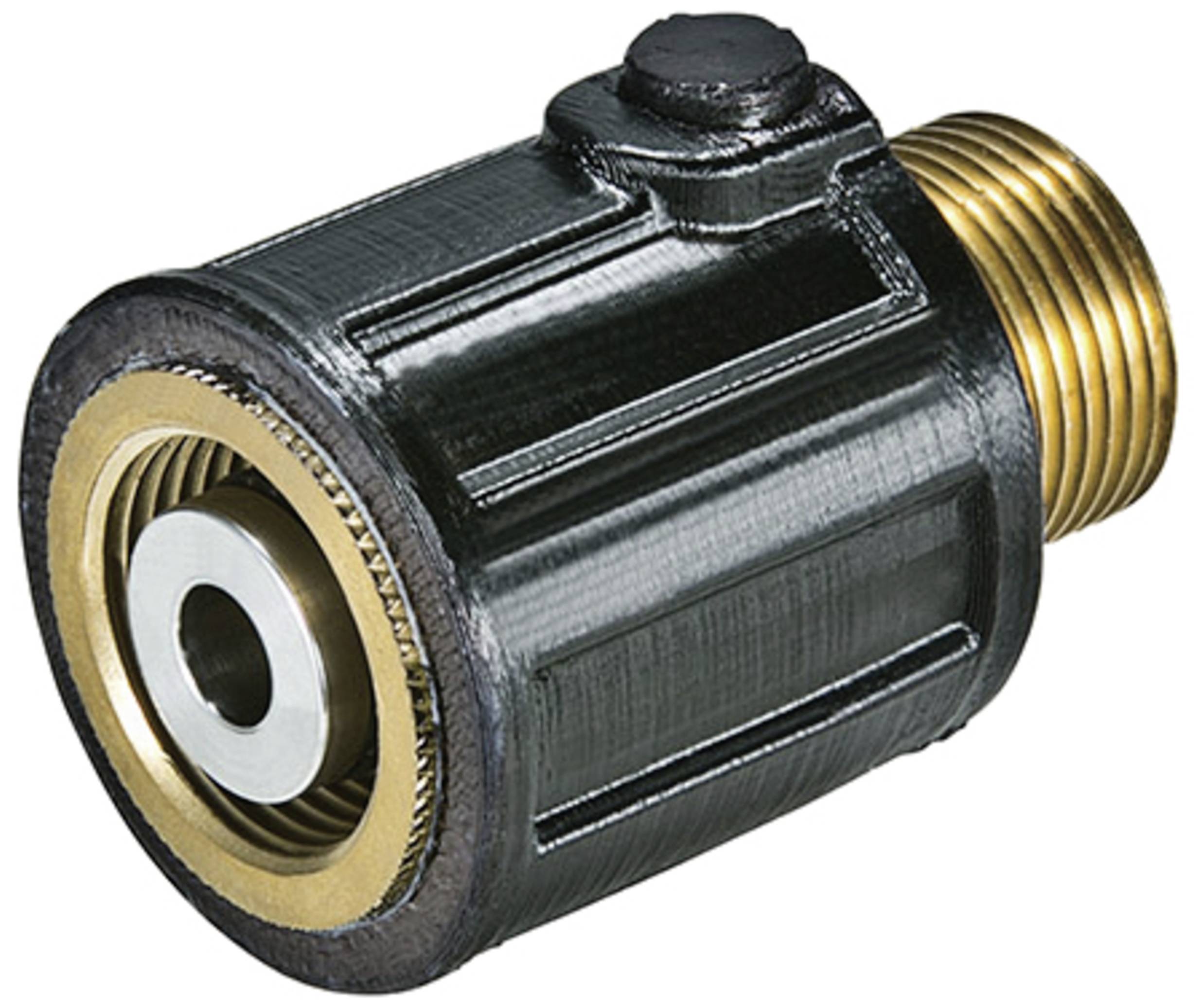 Schwarzer und goldener Adapter mit Schraubgewinde, elektronisches Bauteil für technische Anwendungen.