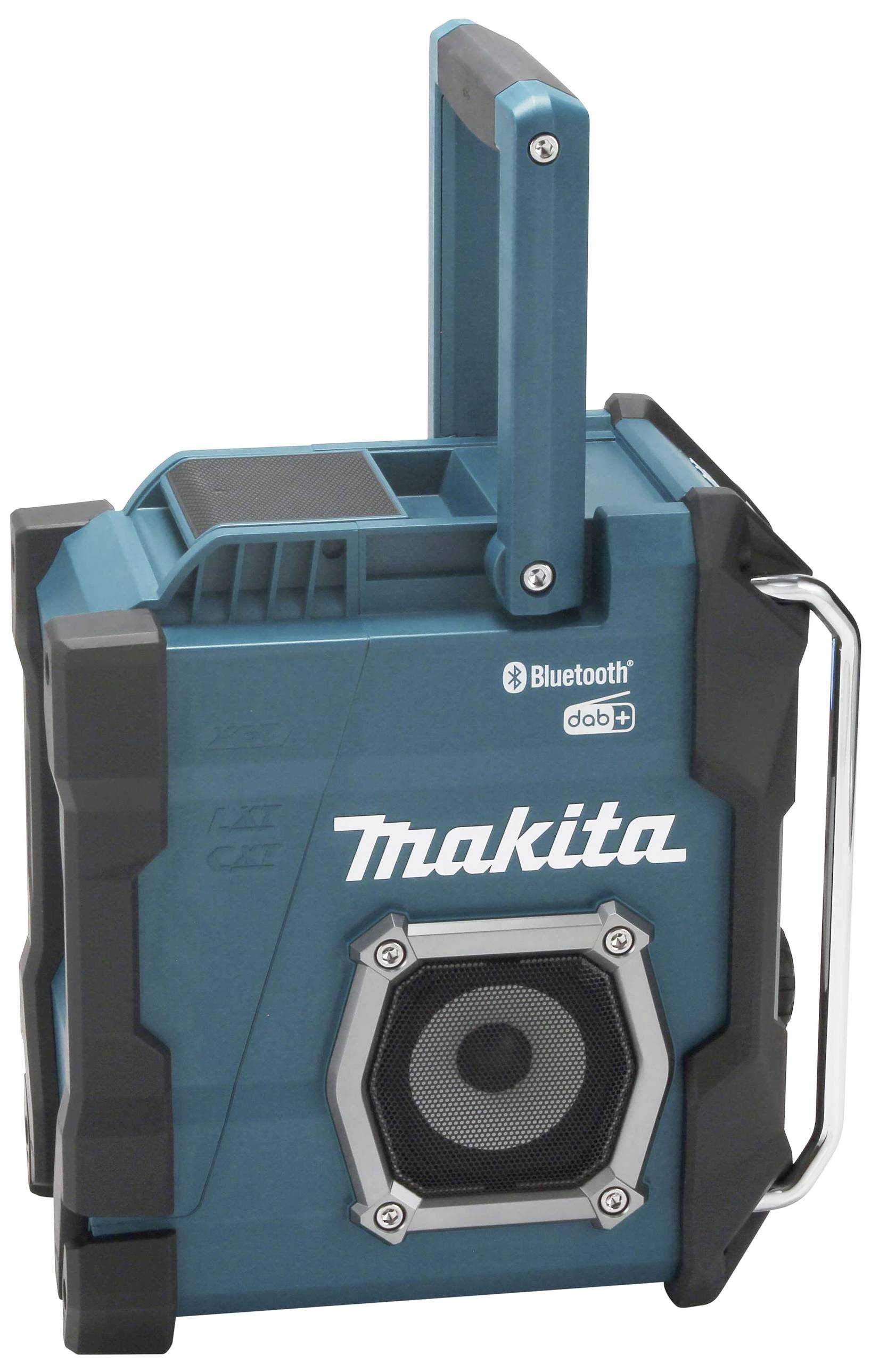 Tragbares, blau-schwarzes Baustellenradio von Makita mit Bluetooth- und DAB+ Funktion, robustes Design und Tragegriff oben.