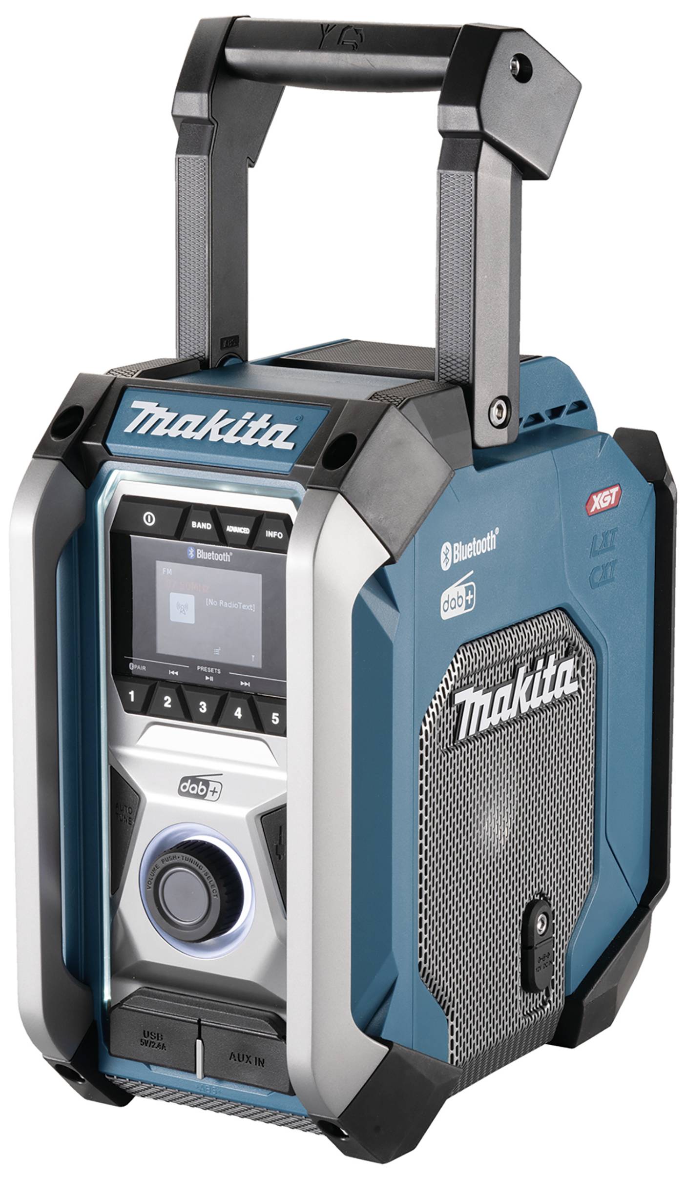 Ein tragbares Radio in Blau und Silber mit Griff und Lautsprechern, das Logos 'Makita' und 'Bluetooth' anzeigt.