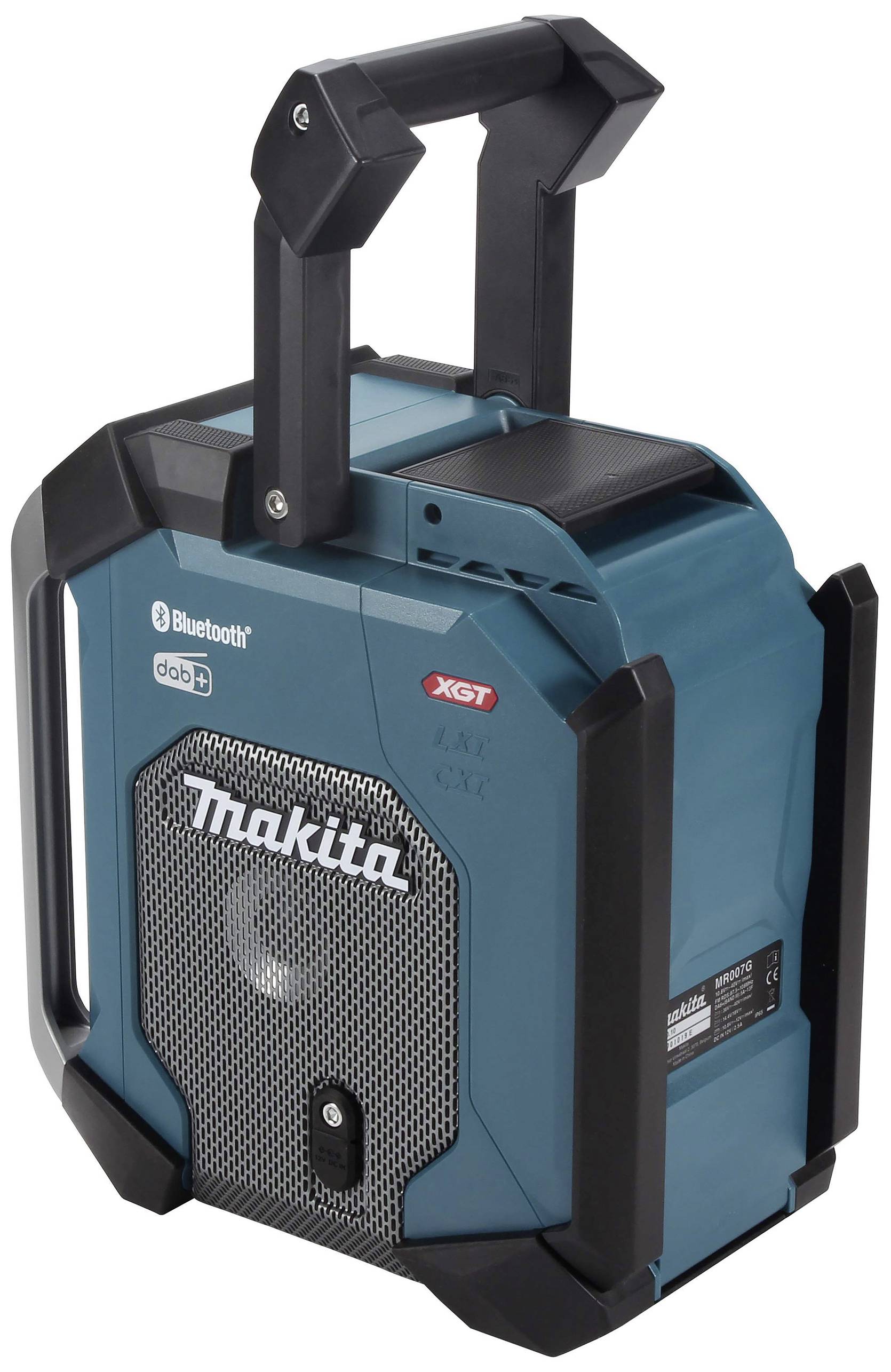 Tragbarer blauer Lautsprecher mit Griff, Bluetooth-fähig, mit Markenlogo und Bedienfeld, robustes Design für den Außenbereich.