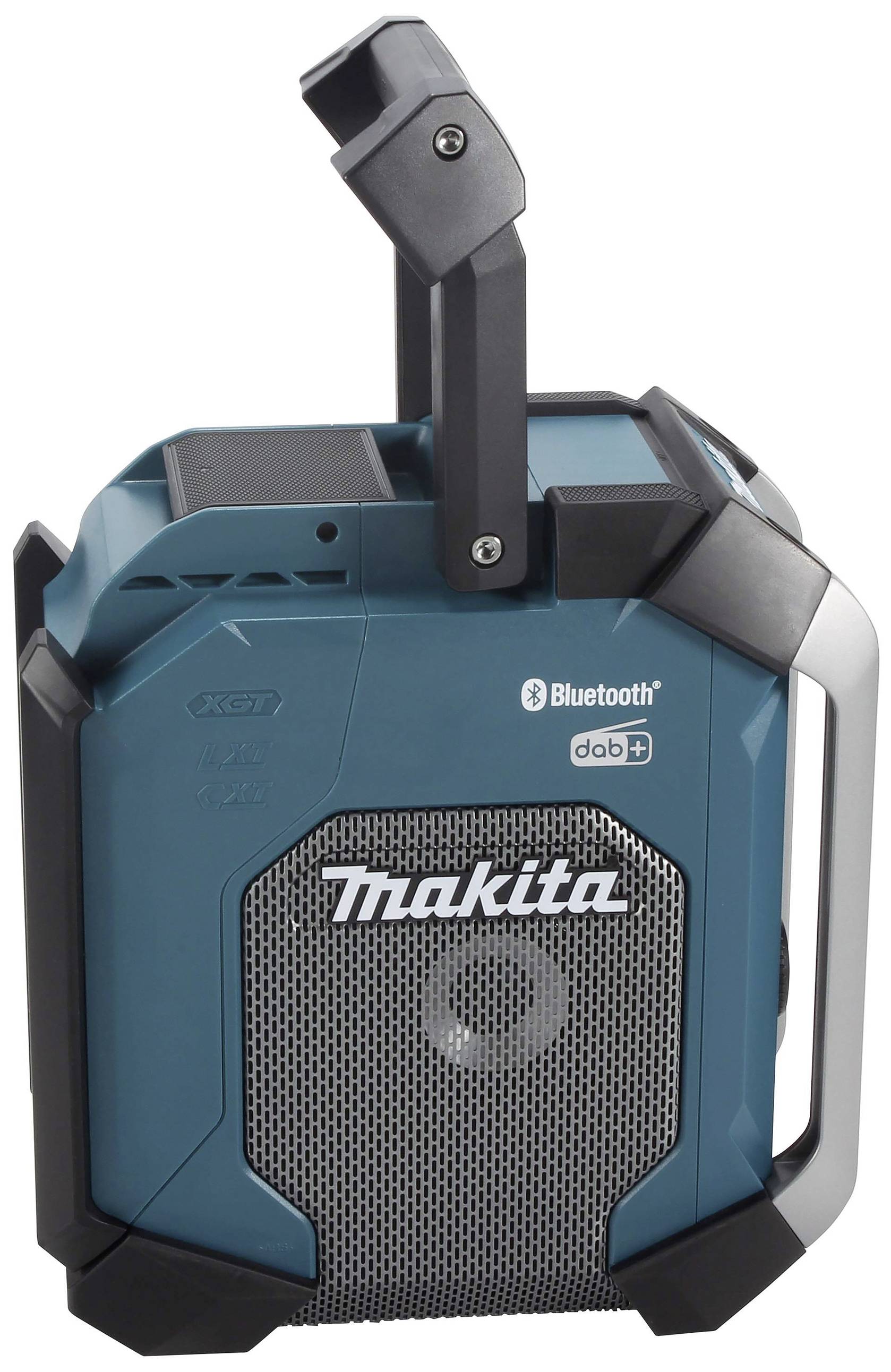 Ein tragbares, türkisfarbenes Radio mit Bluetooth- und DAB+-Funktionen, markiert mit dem Markennamen. Es hat einen robusten Griff.