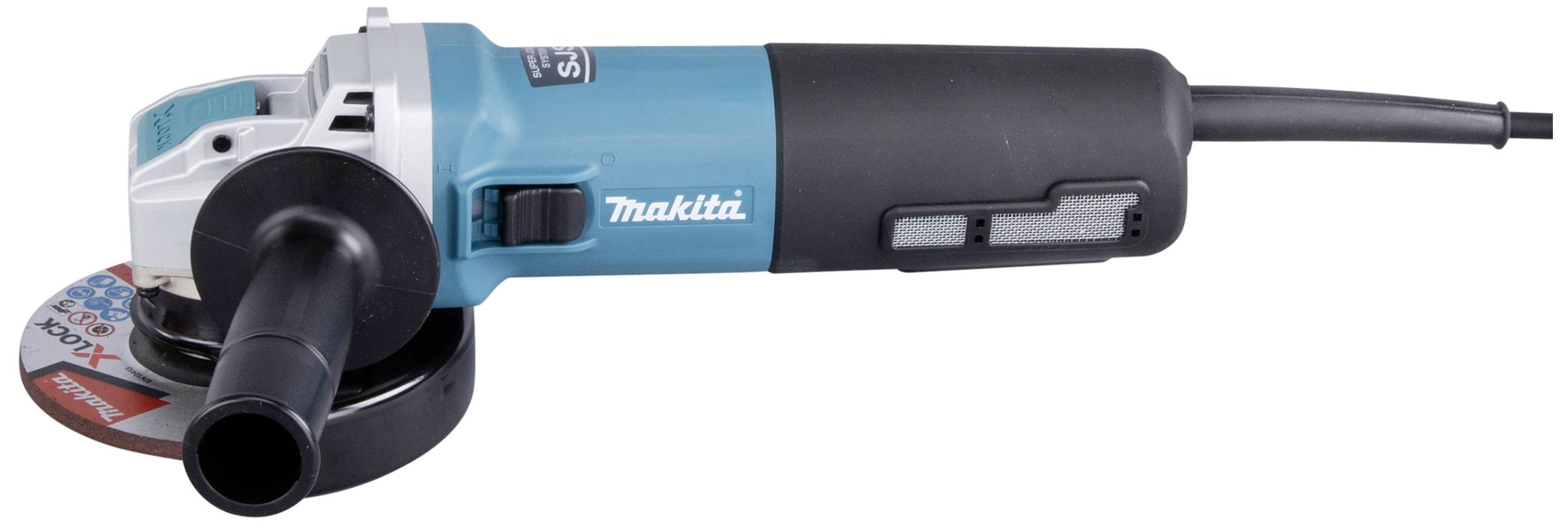 Ein blauer Winkelschleifer mit schwarzem Griff und Stromkabel. Markenname 'Makita' sichtbar auf der Seite des Geräts.