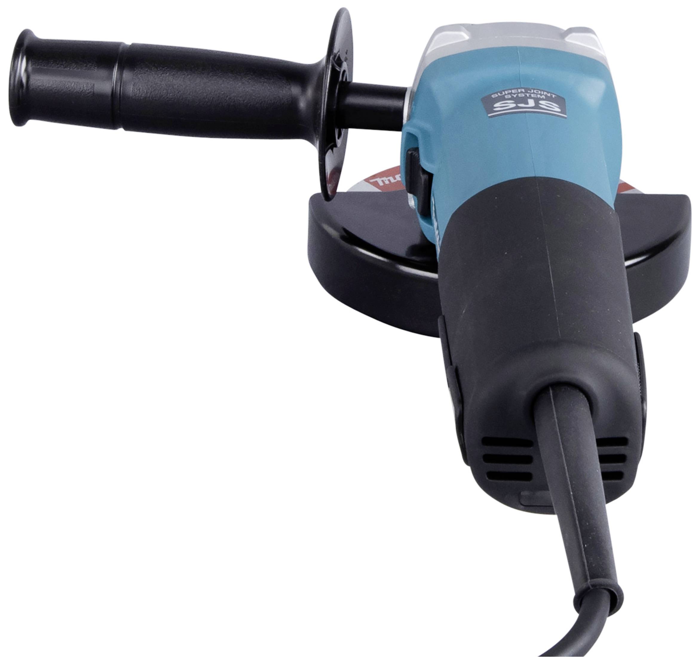 Eine Nahaufnahme eines elektrischen Winkelschleifers mit einem blauen Gehäuse und schwarzem Griff, von der Vorderseite aus gesehen.