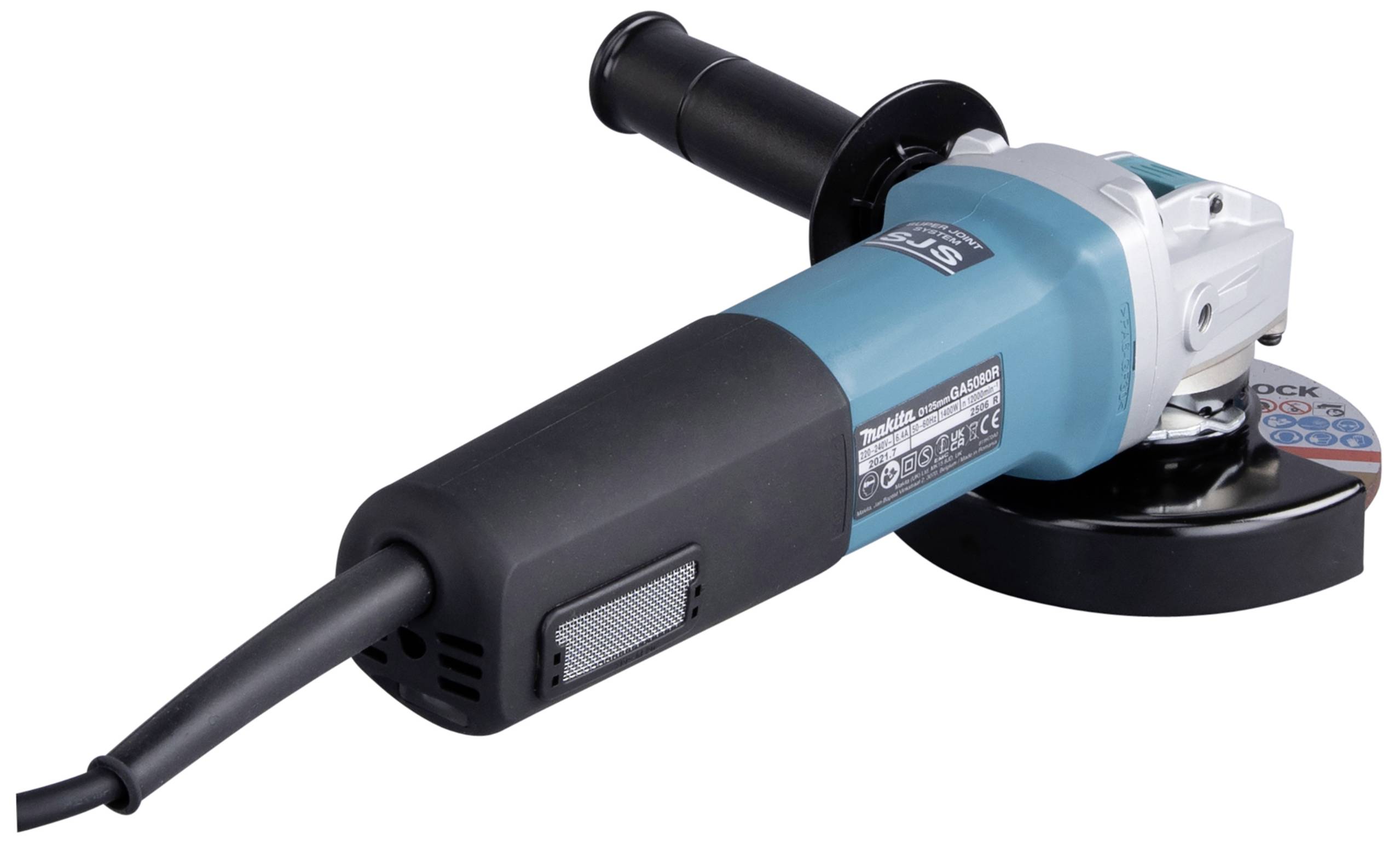 Eine blaue Winkelschleifmaschine mit schwarzem Griff und Kabel liegt auf einer weißen Oberfläche.