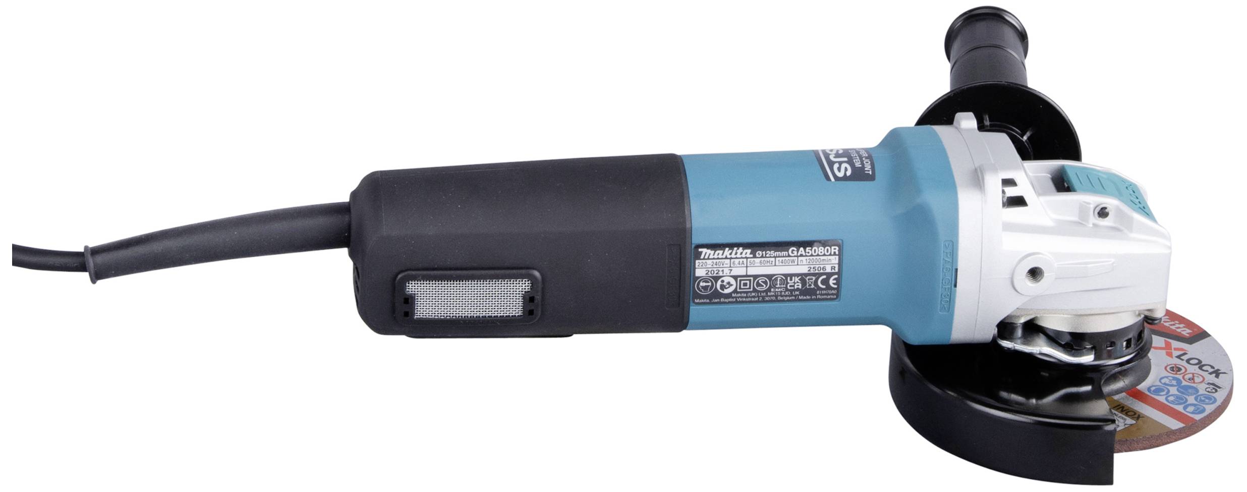 Ein Winkelschleifer mit blauem Gehäuse und rotierendem Schleifblatt. Das Gerät ist elektrisch und hat einen schwarzen Griff.