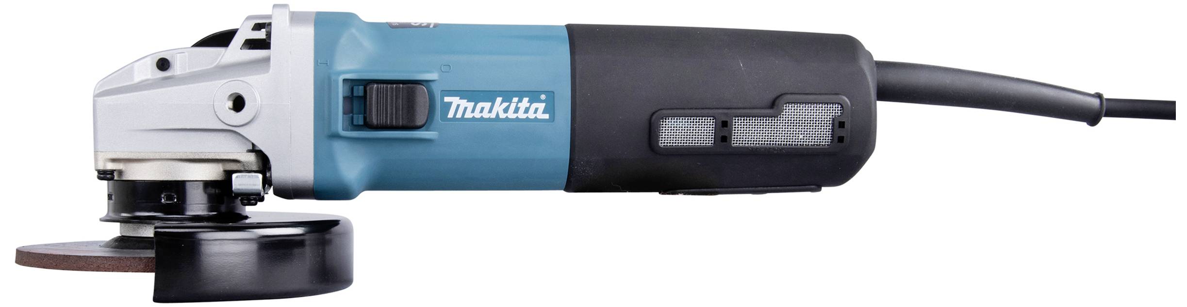 Winkelschleifer Marke Makita, blau-schwarz mit Netzkabel, seitliche Ansicht, geeignet für Schneid- und Schleifarbeiten.