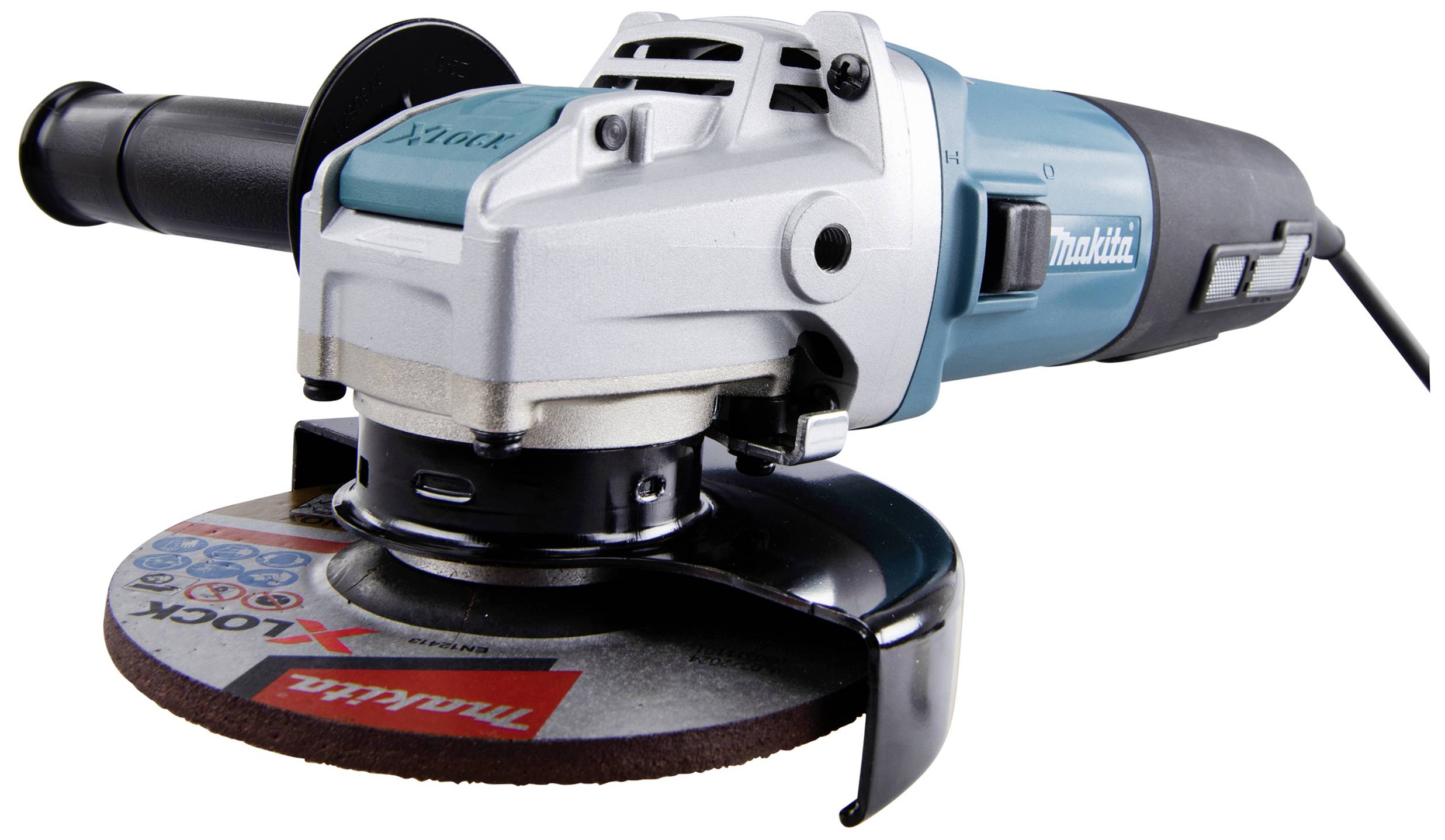 Eine blaue Winkelschleifmaschine mit schwarzem Griff und Schleifscheibe, geeignet zum Schneiden oder Schleifen von Materialien.